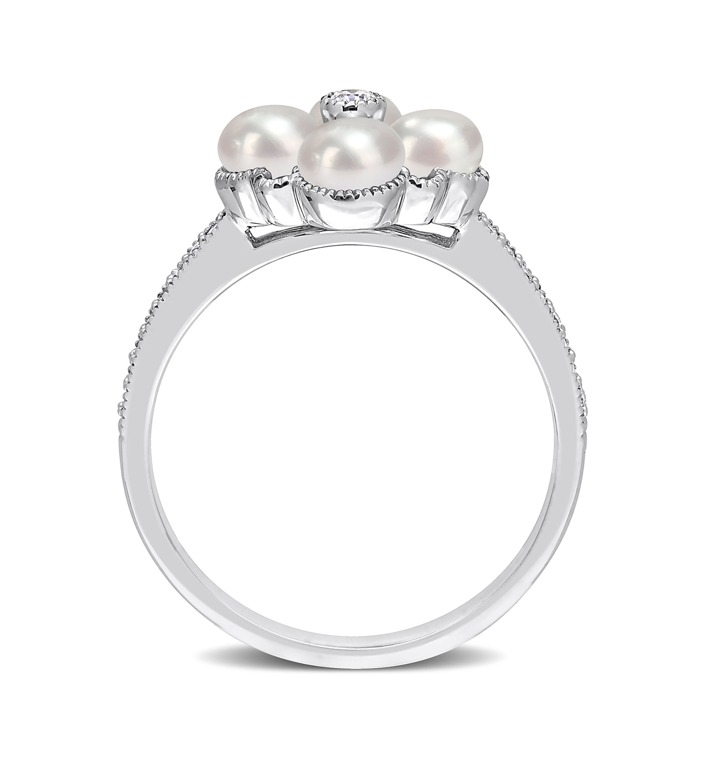 4-4.5MM Cultured Freshwater Pearl and 1/6 CT TW Diamond Cluster Ring in 14k White Gold