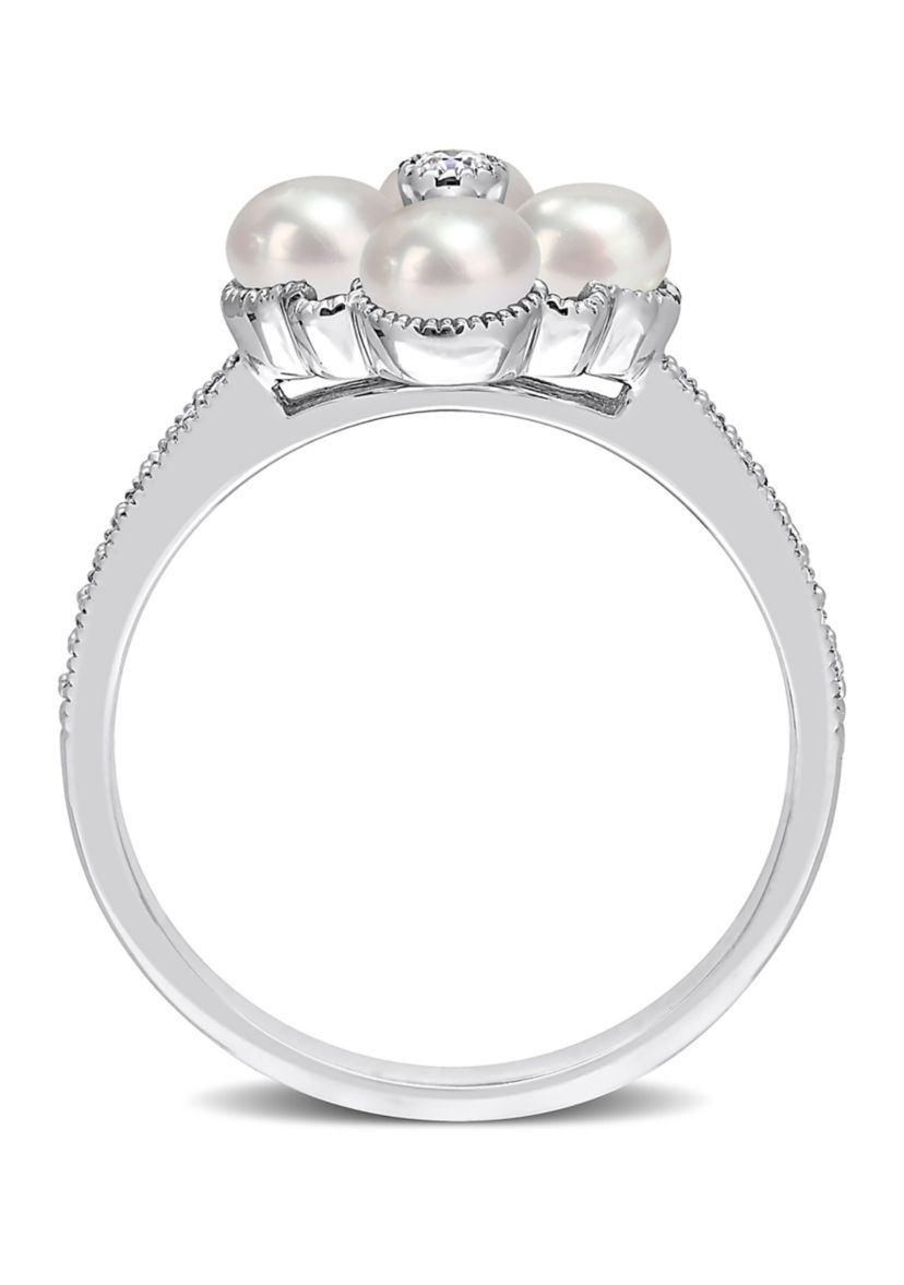 4-4.5MM Cultured Freshwater Pearl and 1/6 CT TW Diamond Cluster Ring in 14k White Gold