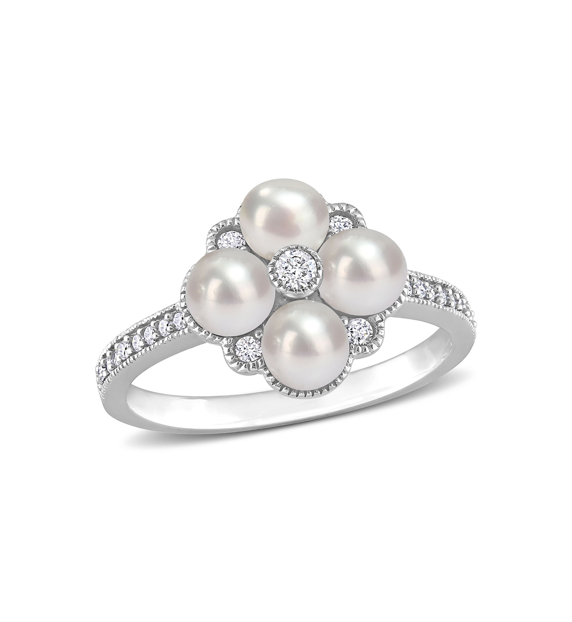 4-4.5MM Cultured Freshwater Pearl and 1/6 CT TW Diamond Cluster Ring in 14k White Gold
