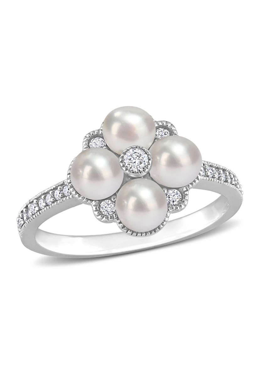 4-4.5MM Cultured Freshwater Pearl and 1/6 CT TW Diamond Cluster Ring in 14k White Gold