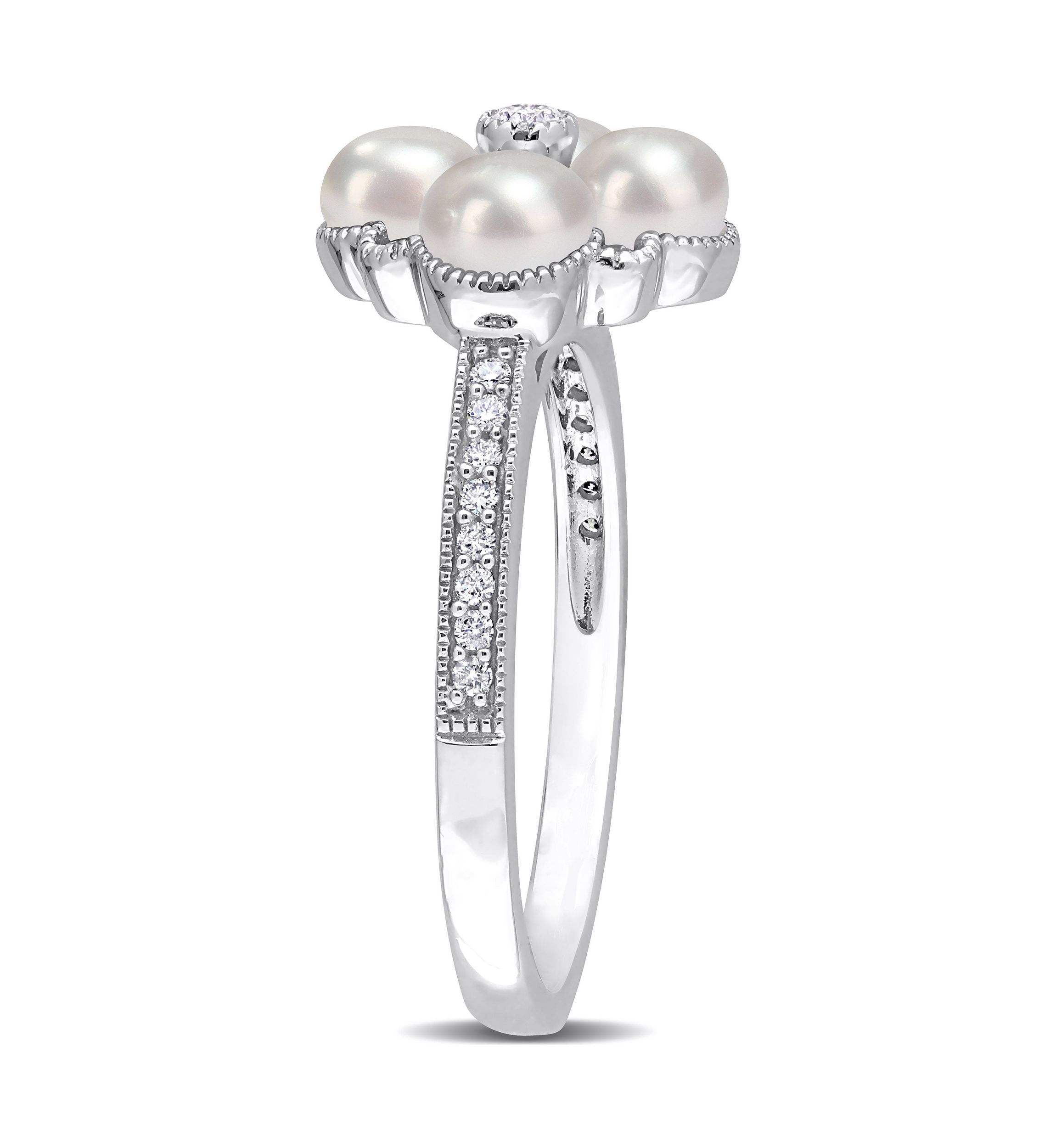4-4.5MM Cultured Freshwater Pearl and 1/6 CT TW Diamond Cluster Ring in 14k White Gold