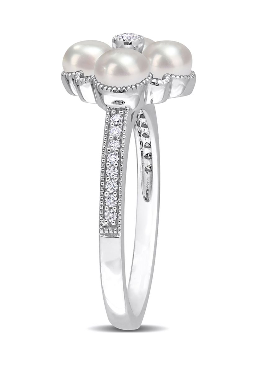 4-4.5MM Cultured Freshwater Pearl and 1/6 CT TW Diamond Cluster Ring in 14k White Gold