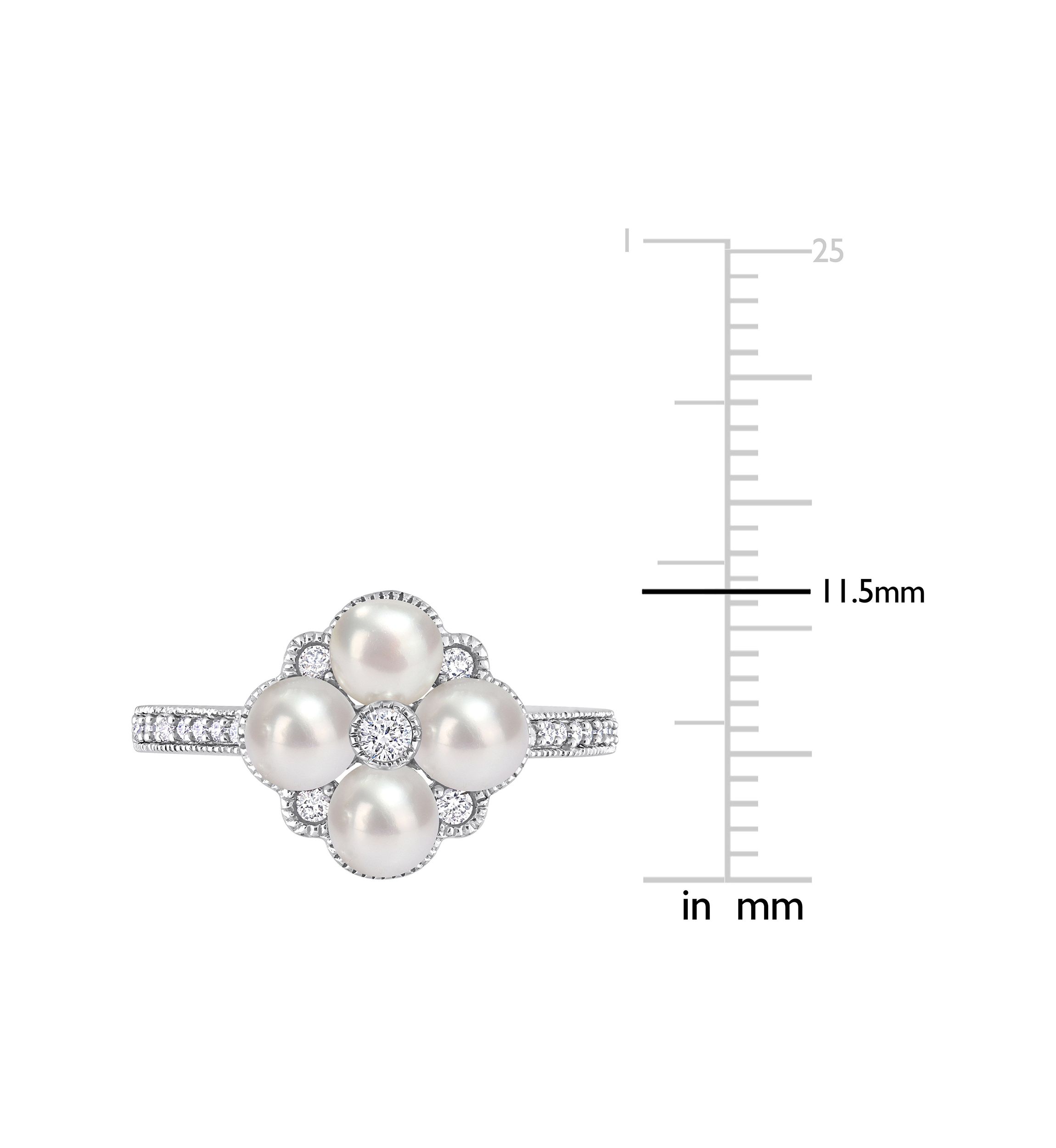 4-4.5MM Cultured Freshwater Pearl and 1/6 CT TW Diamond Cluster Ring in 14k White Gold