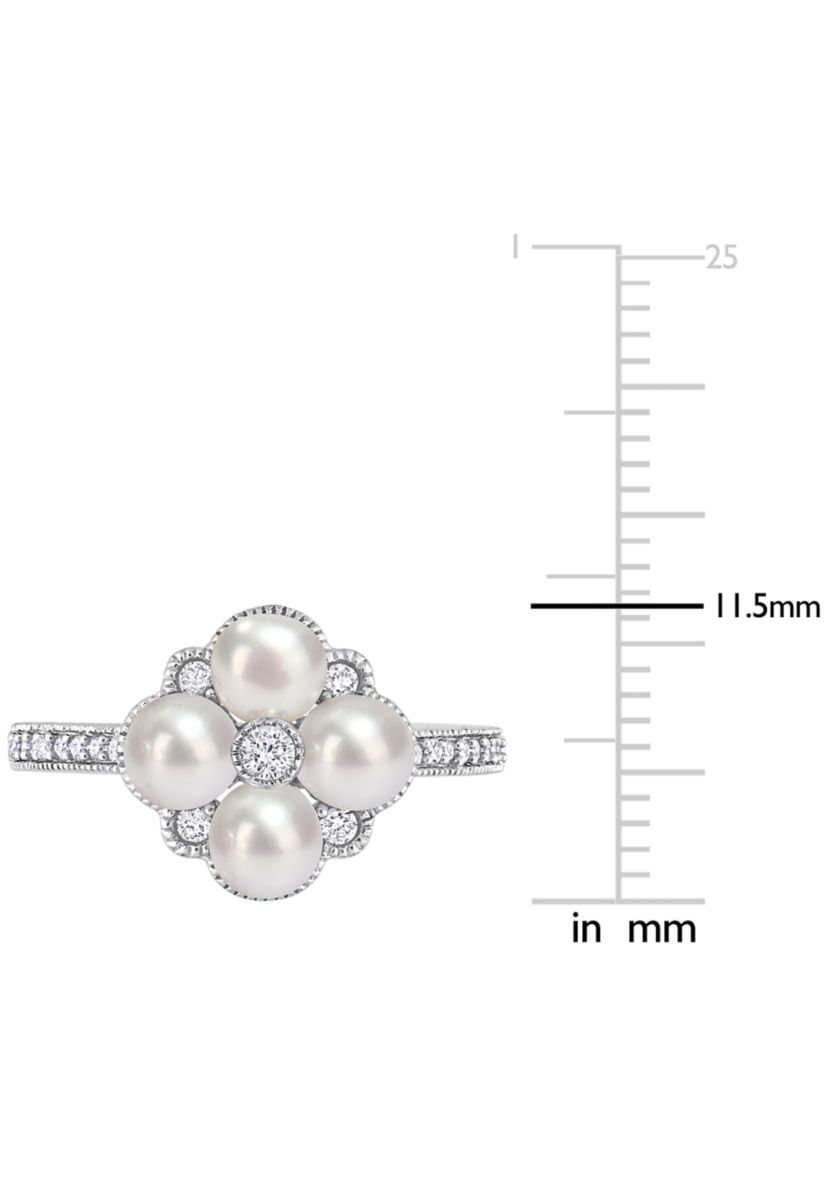 4-4.5MM Cultured Freshwater Pearl and 1/6 CT TW Diamond Cluster Ring in 14k White Gold