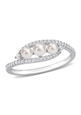 Belk & Co 3-4MM Cultured Freshwater Pearl and 1/5 CT TW Diamond Bypass Ring in 14k White Gold, 9