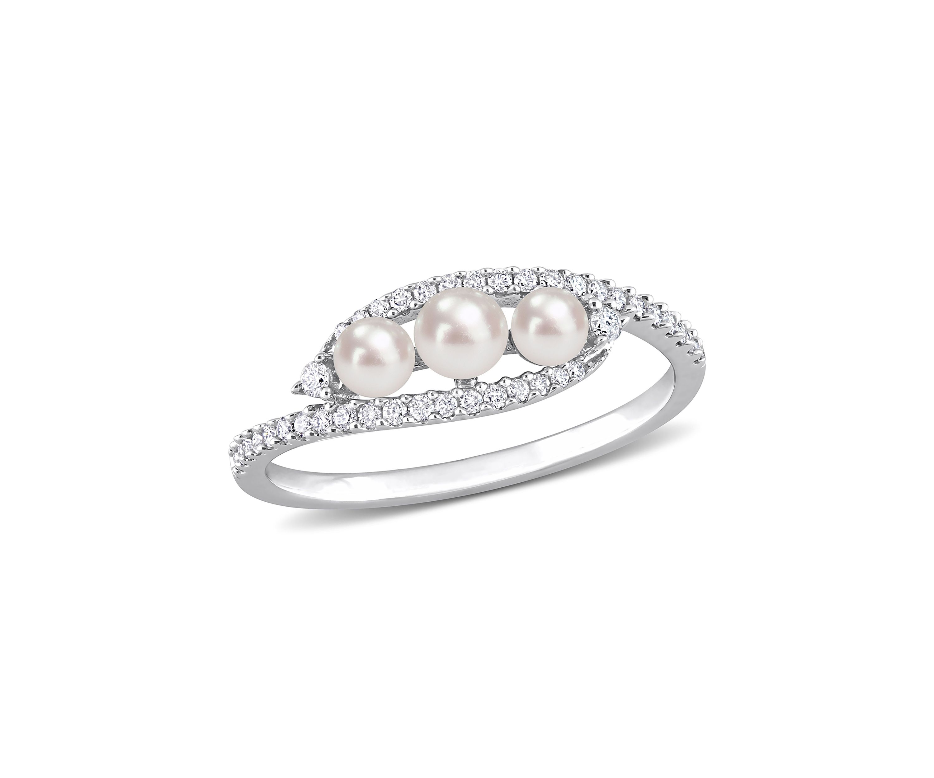 3-4MM Cultured Freshwater Pearl and 1/5 CT TW Diamond Bypass Ring in 14k White Gold