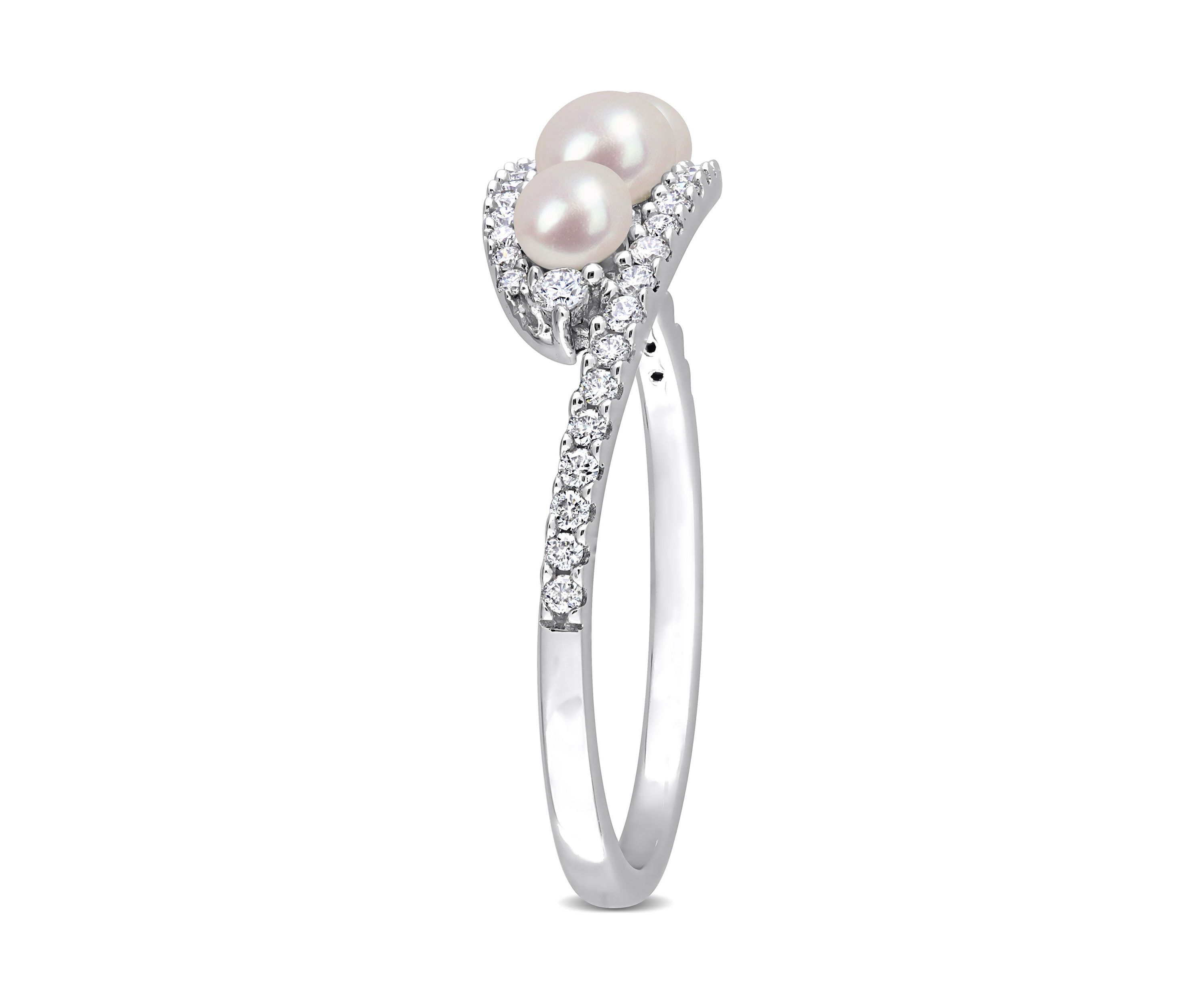 3-4MM Cultured Freshwater Pearl and 1/5 CT TW Diamond Bypass Ring in 14k White Gold