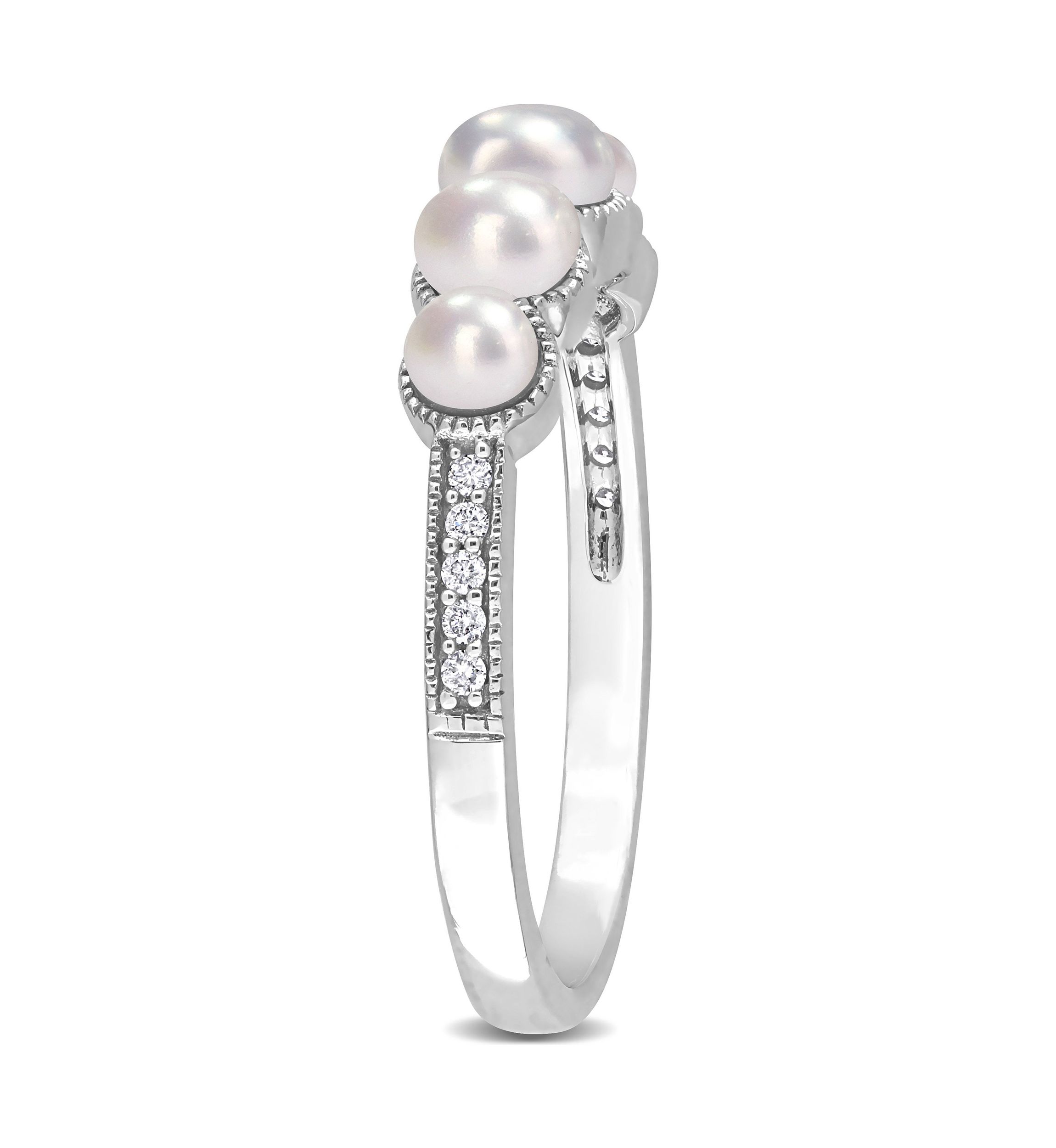 3-4.5MM Cultured Freshwater Pearl and Diamond Accent Halo Five Stone Ring in 14k White Gold