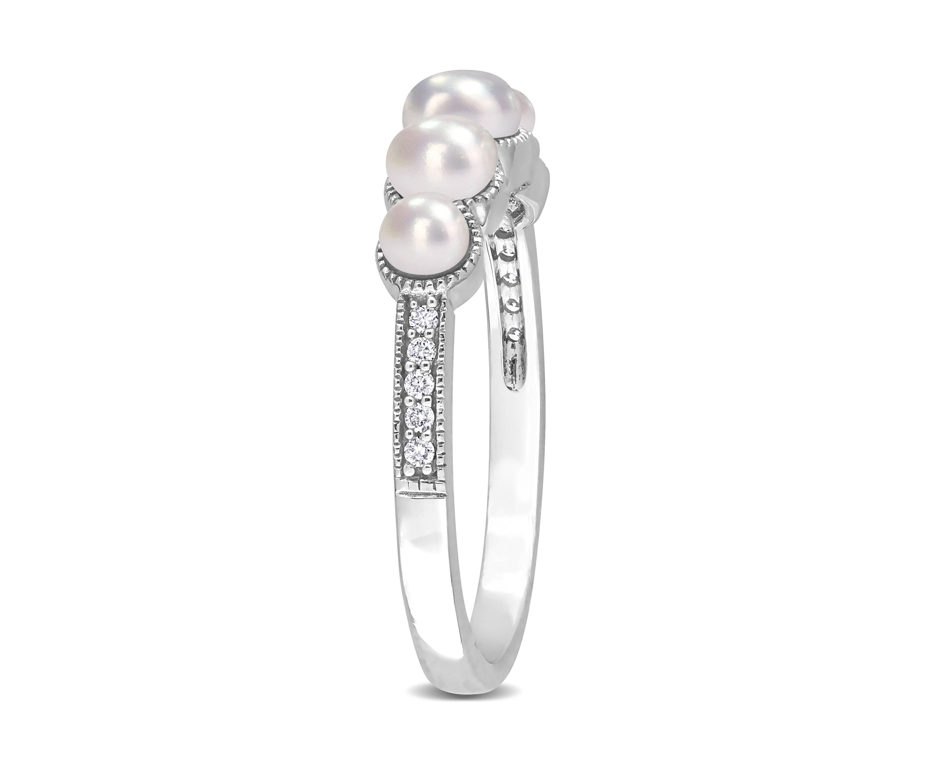 3-4.5MM Cultured Freshwater Pearl and Diamond Accent Halo Five Stone Ring in 14k White Gold