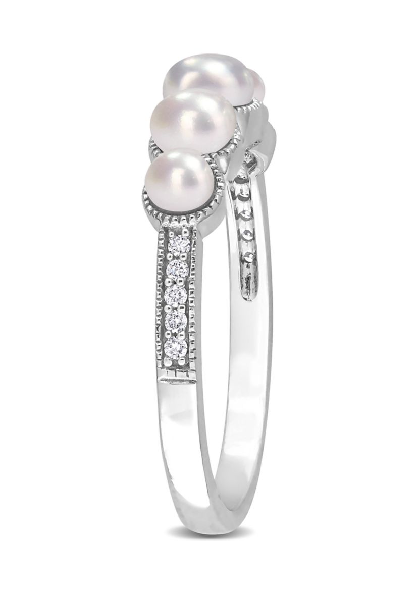 3-4.5MM Cultured Freshwater Pearl and Diamond Accent Halo Five Stone Ring in 14k White Gold