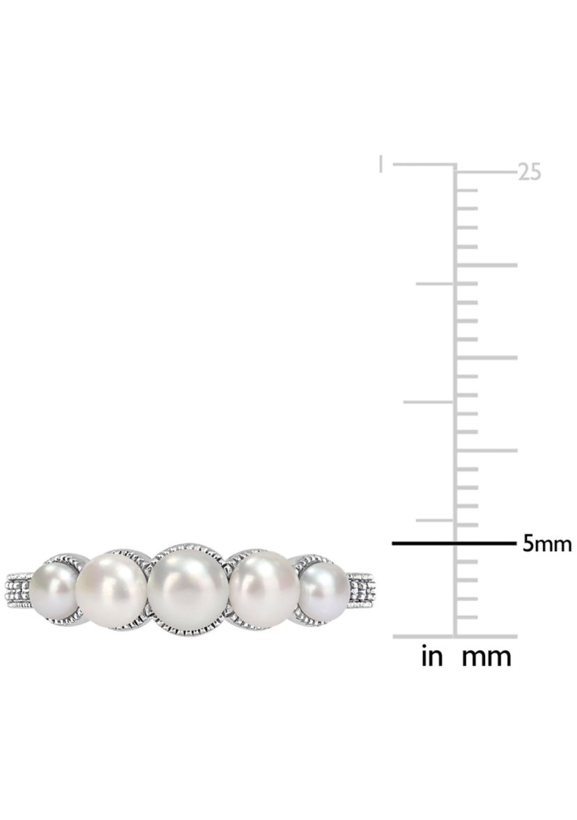 3-4.5MM Cultured Freshwater Pearl and Diamond Accent Halo Five Stone Ring in 14k White Gold