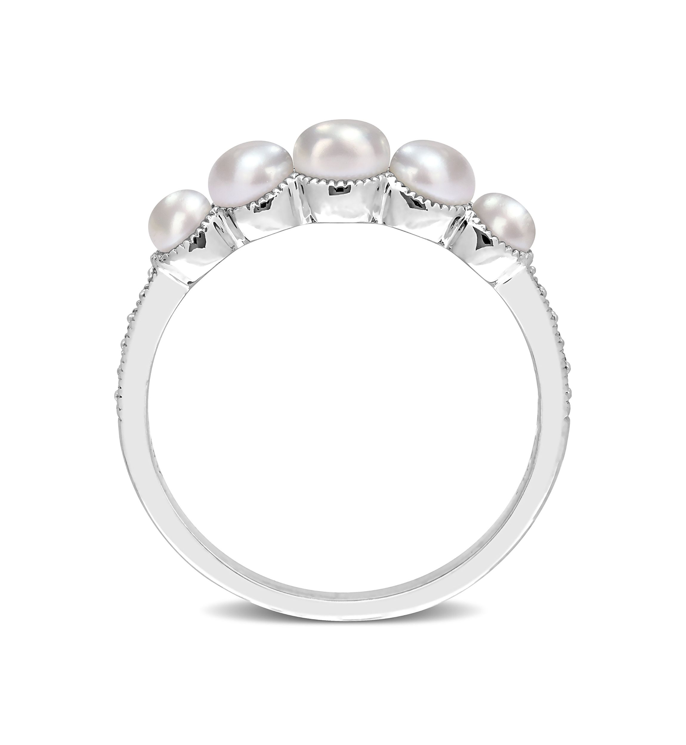 3-4.5MM Cultured Freshwater Pearl and Diamond Accent Halo Five Stone Ring in 14k White Gold