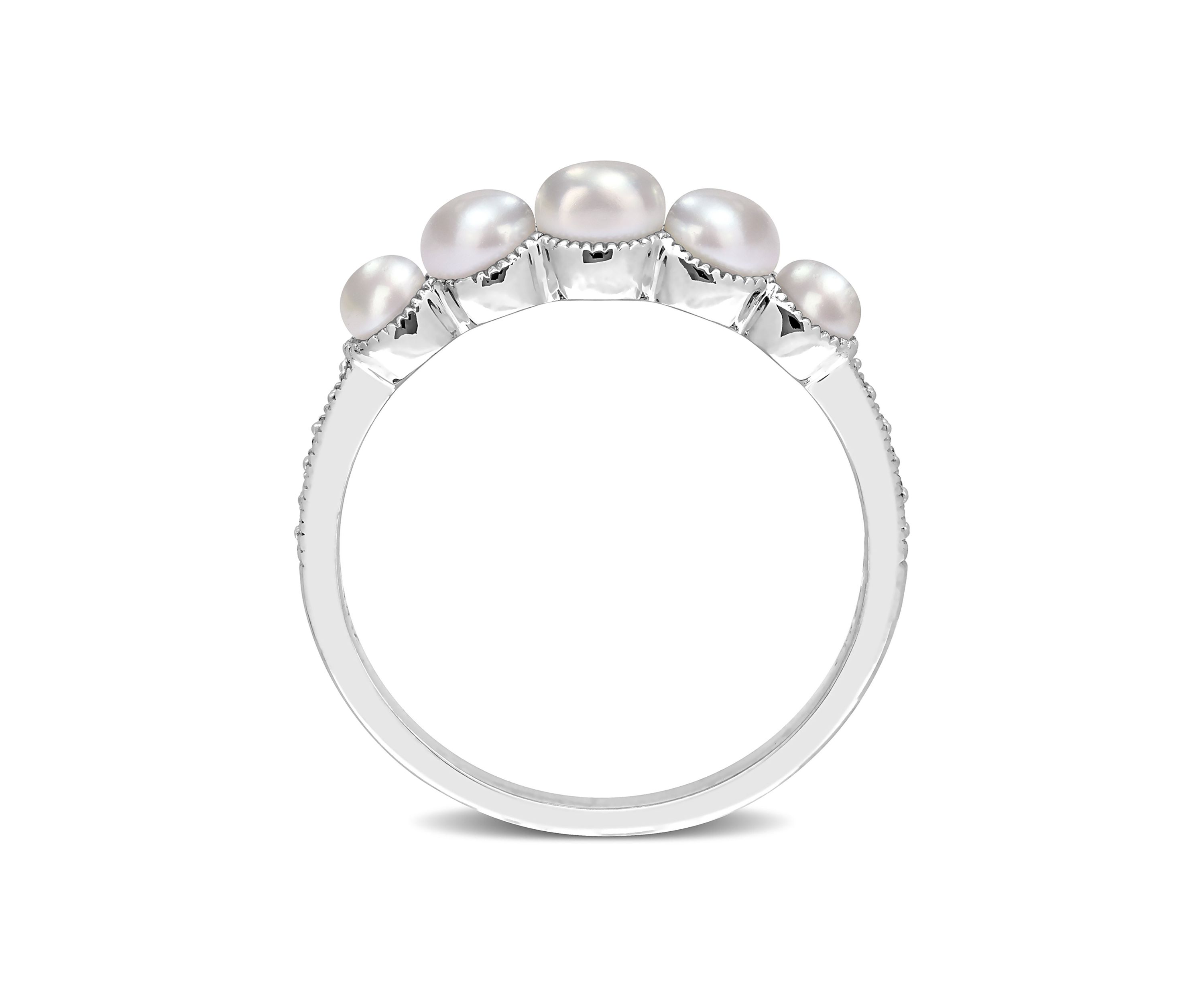 3-4.5MM Cultured Freshwater Pearl and Diamond Accent Halo Five Stone Ring in 14k White Gold