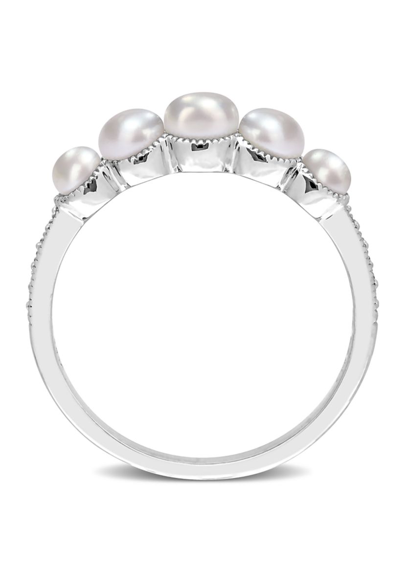 3-4.5MM Cultured Freshwater Pearl and Diamond Accent Halo Five Stone Ring in 14k White Gold