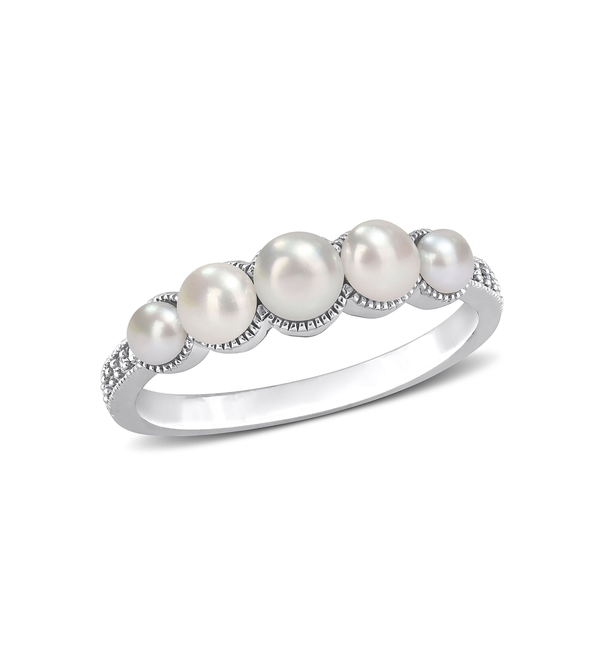 3-4.5MM Cultured Freshwater Pearl and Diamond Accent Halo Five Stone Ring in 14k White Gold