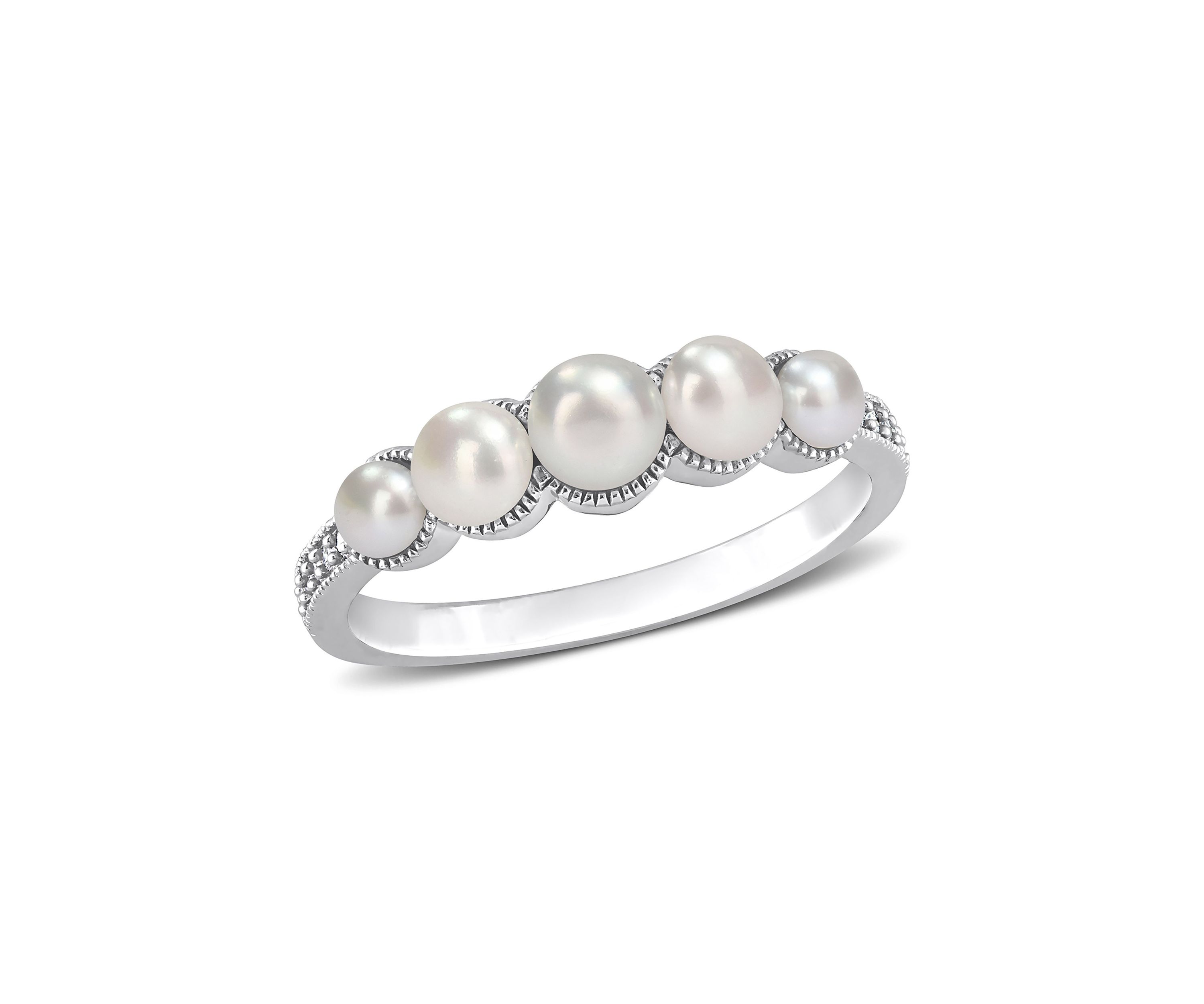 3-4.5MM Cultured Freshwater Pearl and Diamond Accent Halo Five Stone Ring in 14k White Gold