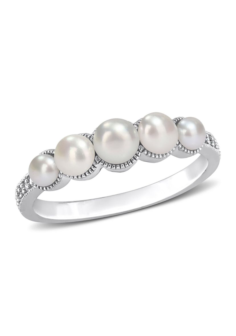 3-4.5MM Cultured Freshwater Pearl and Diamond Accent Halo Five Stone Ring in 14k White Gold