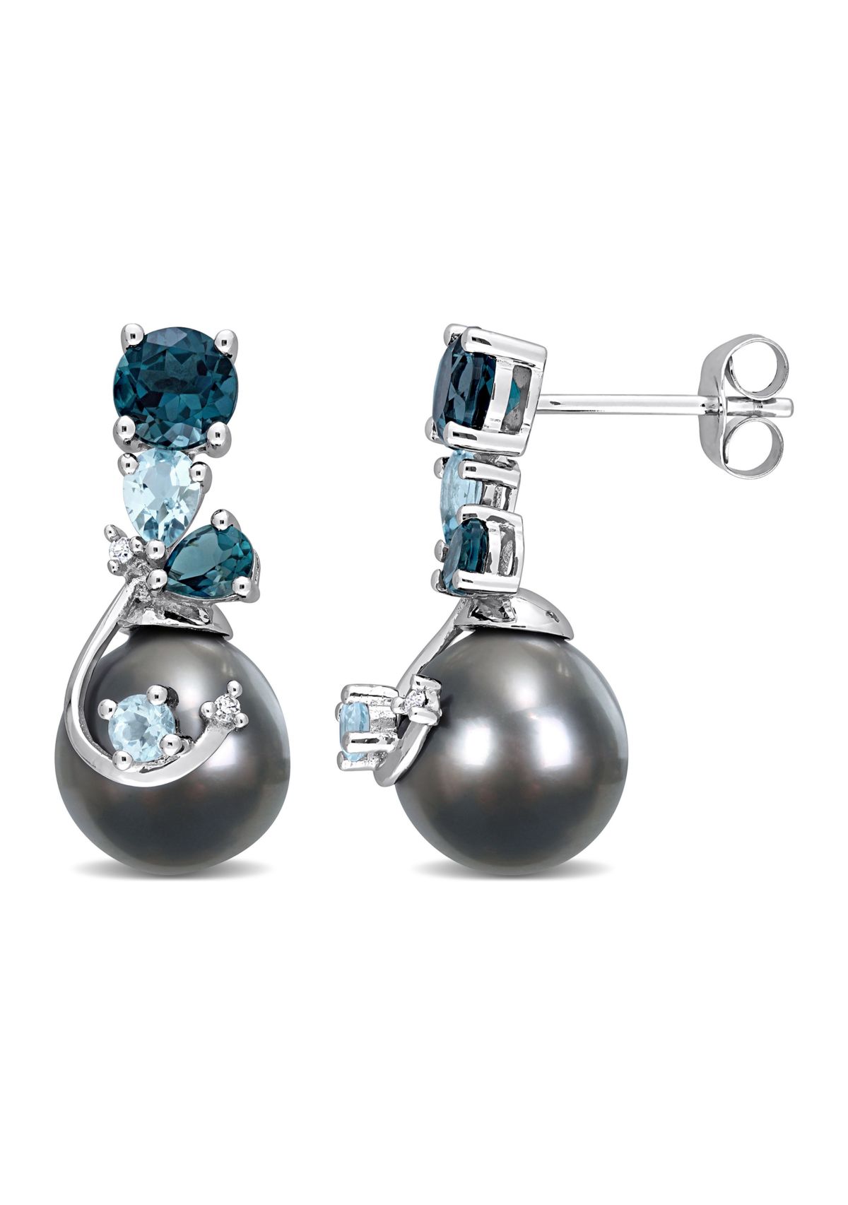 9-10MM Tahitian Cultured Pearl Blue Topaz and Diamond Accent Drop Earrings in 14k White Gold