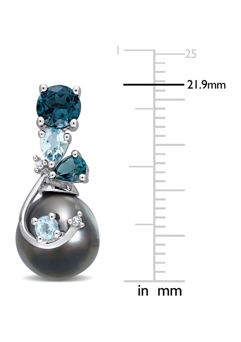 9-10MM Tahitian Cultured Pearl Blue Topaz and Diamond Accent Drop Earrings in 14k White Gold