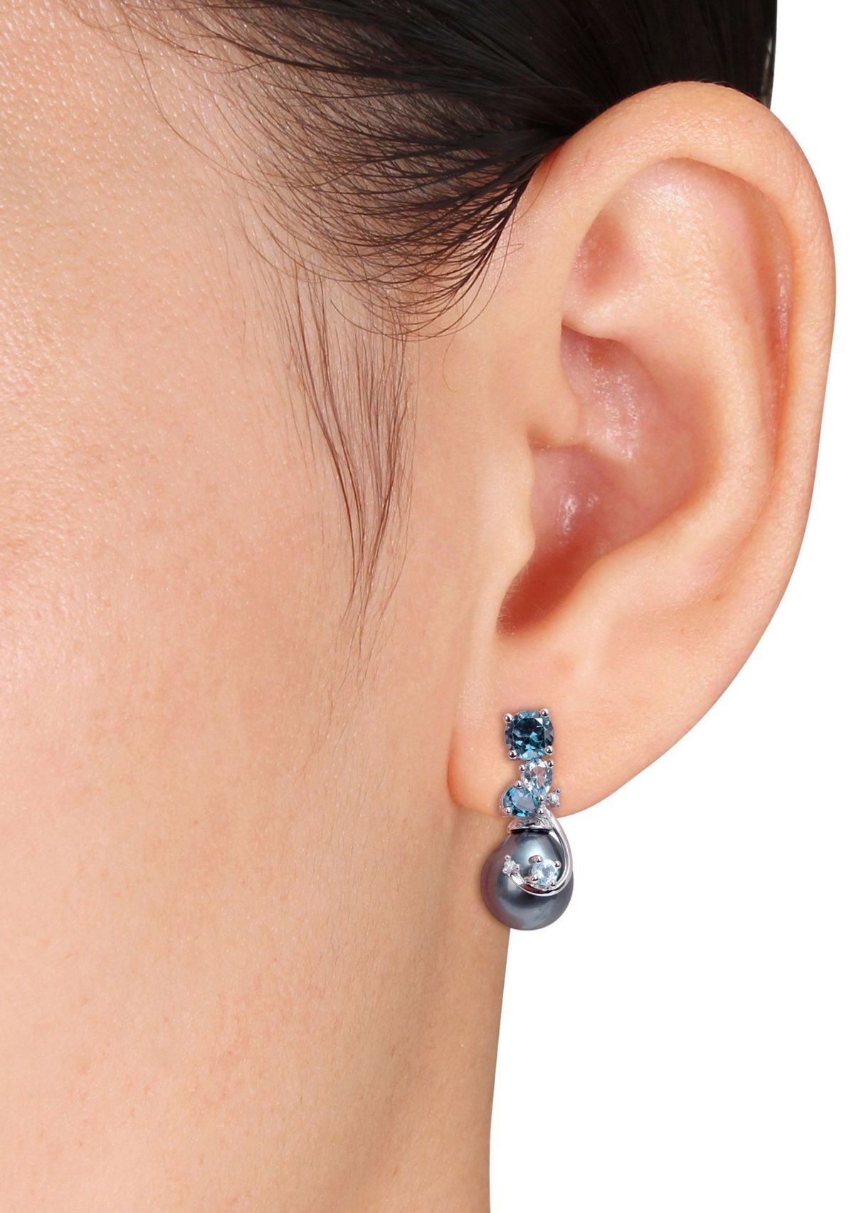 9-10MM Tahitian Cultured Pearl Blue Topaz and Diamond Accent Drop Earrings in 14k White Gold