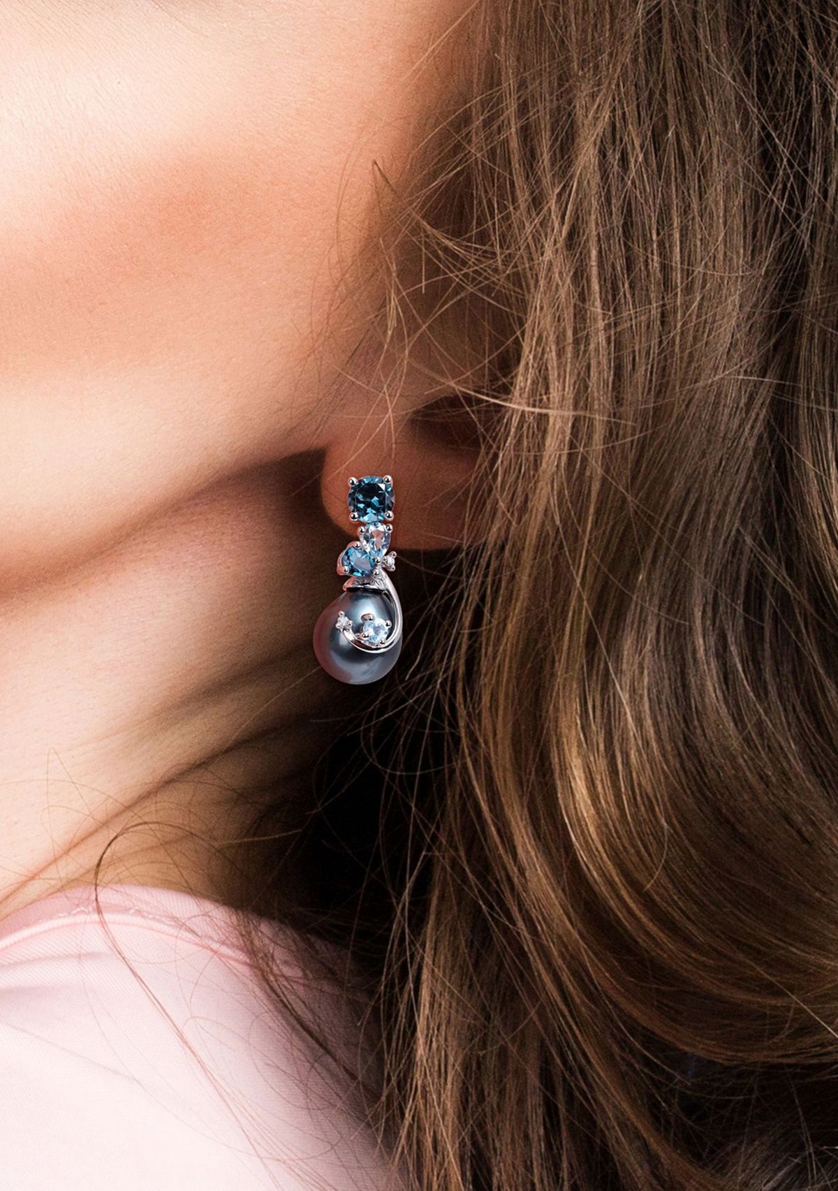 9-10MM Tahitian Cultured Pearl Blue Topaz and Diamond Accent Drop Earrings in 14k White Gold