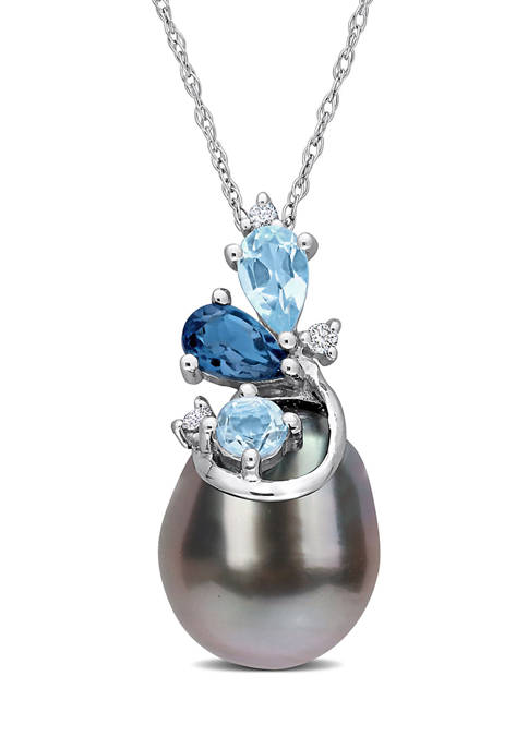 Tahitian Cultured Pearl Blue Topaz and Diamond Accent Cluster Necklace in 14k White Gold