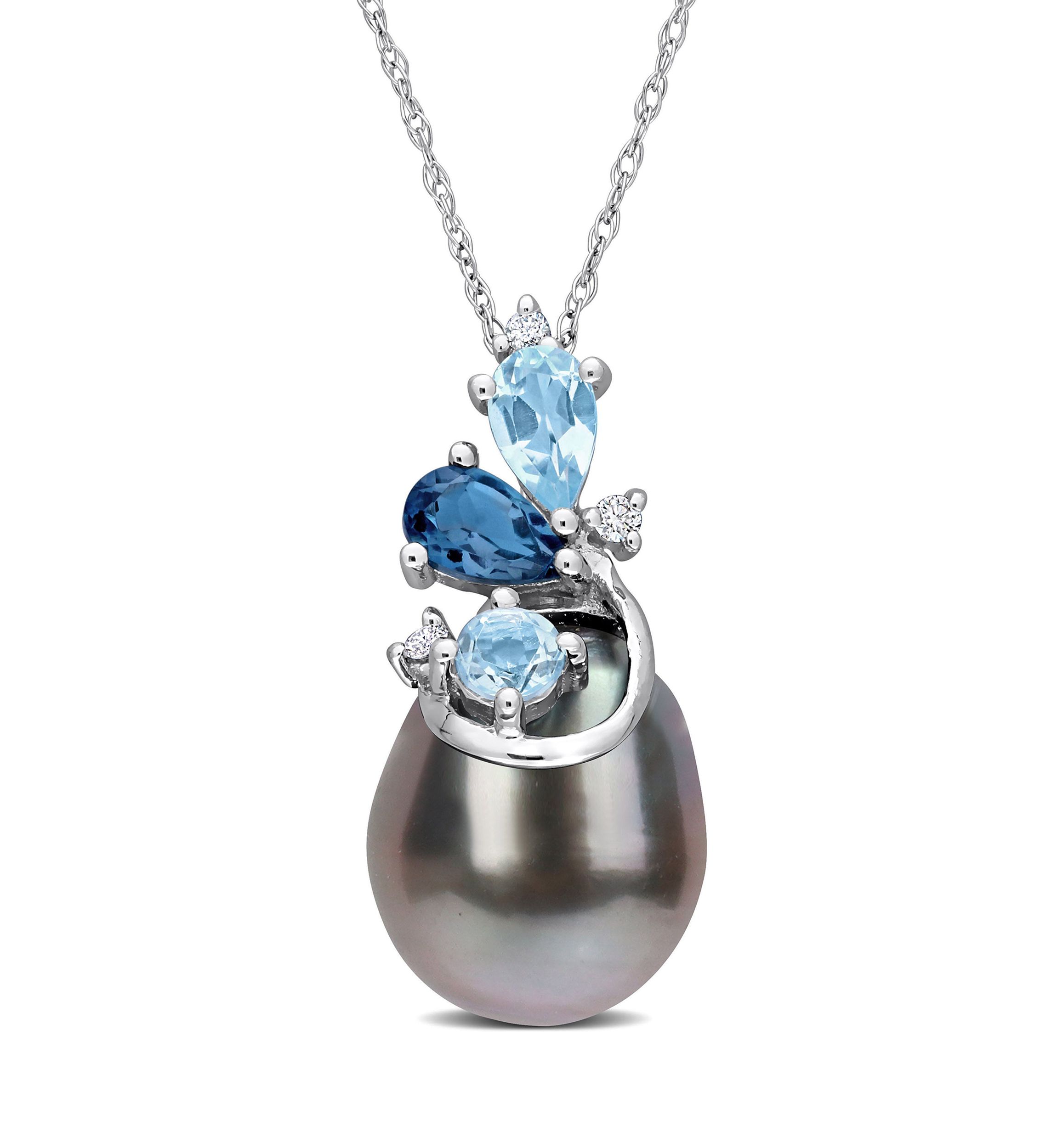 9-10MM Tahitian Cultured Pearl Blue Topaz and Diamond Accent Cluster Necklace in 14k White Gold