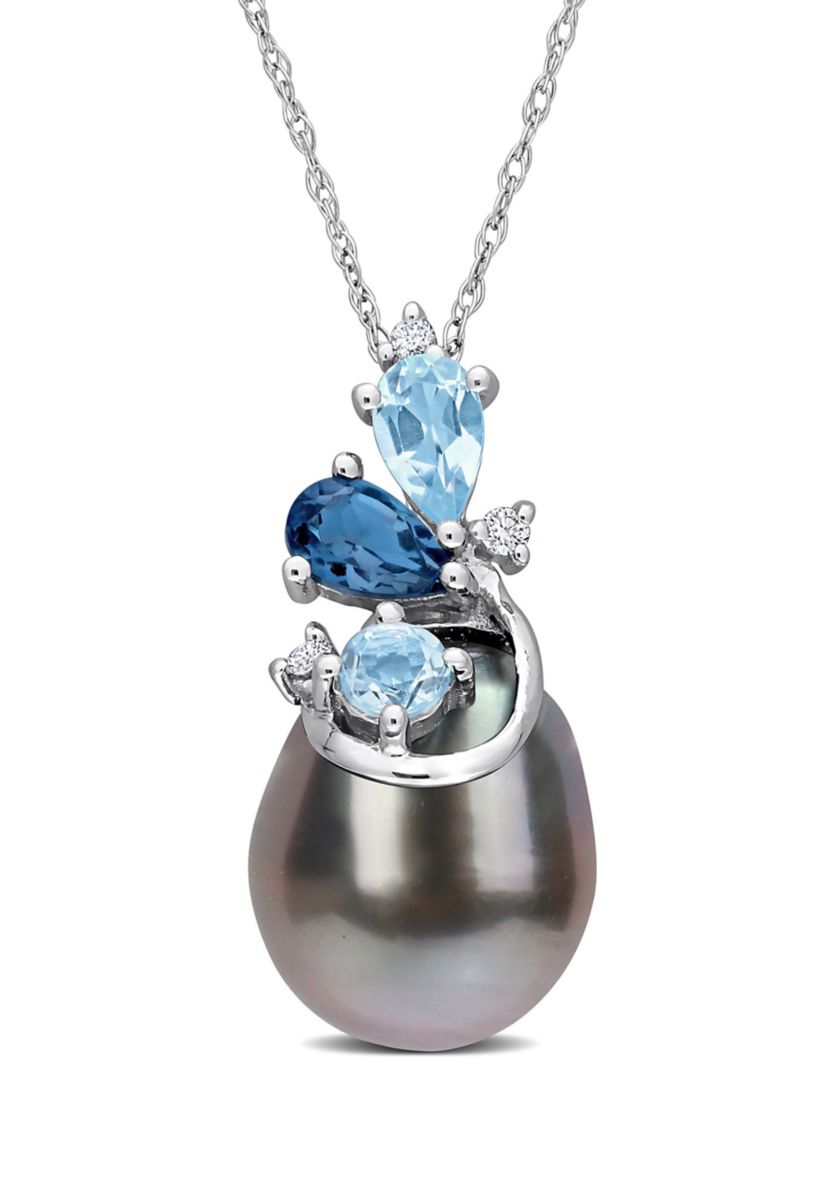 9-10MM Tahitian Cultured Pearl Blue Topaz and Diamond Accent Cluster Necklace in 14k White Gold
