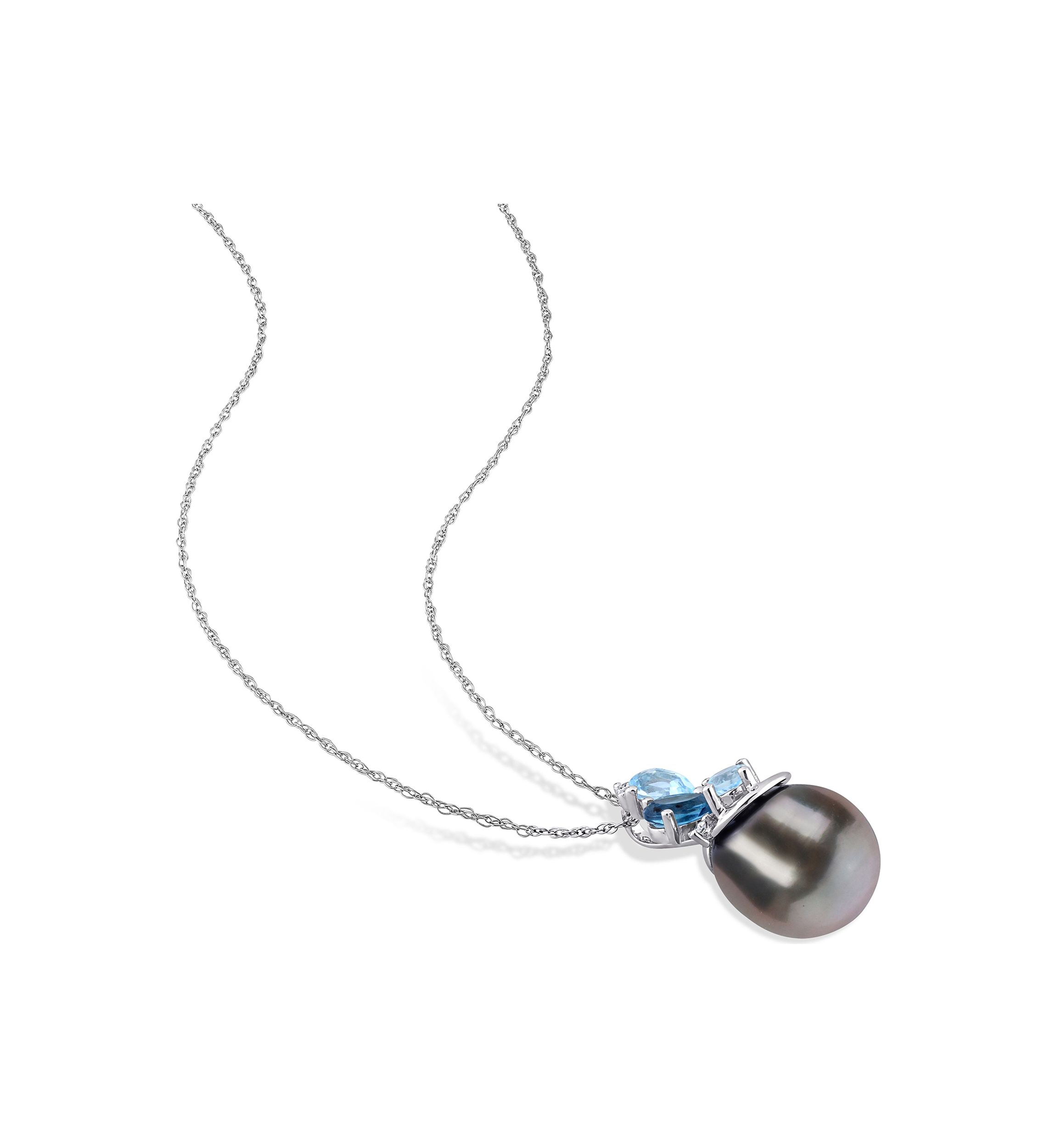9-10MM Tahitian Cultured Pearl Blue Topaz and Diamond Accent Cluster Necklace in 14k White Gold
