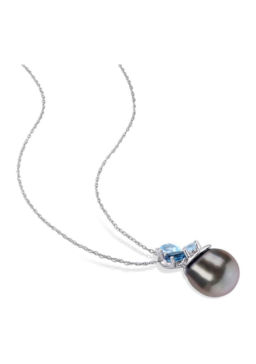9-10MM Tahitian Cultured Pearl Blue Topaz and Diamond Accent Cluster Necklace in 14k White Gold