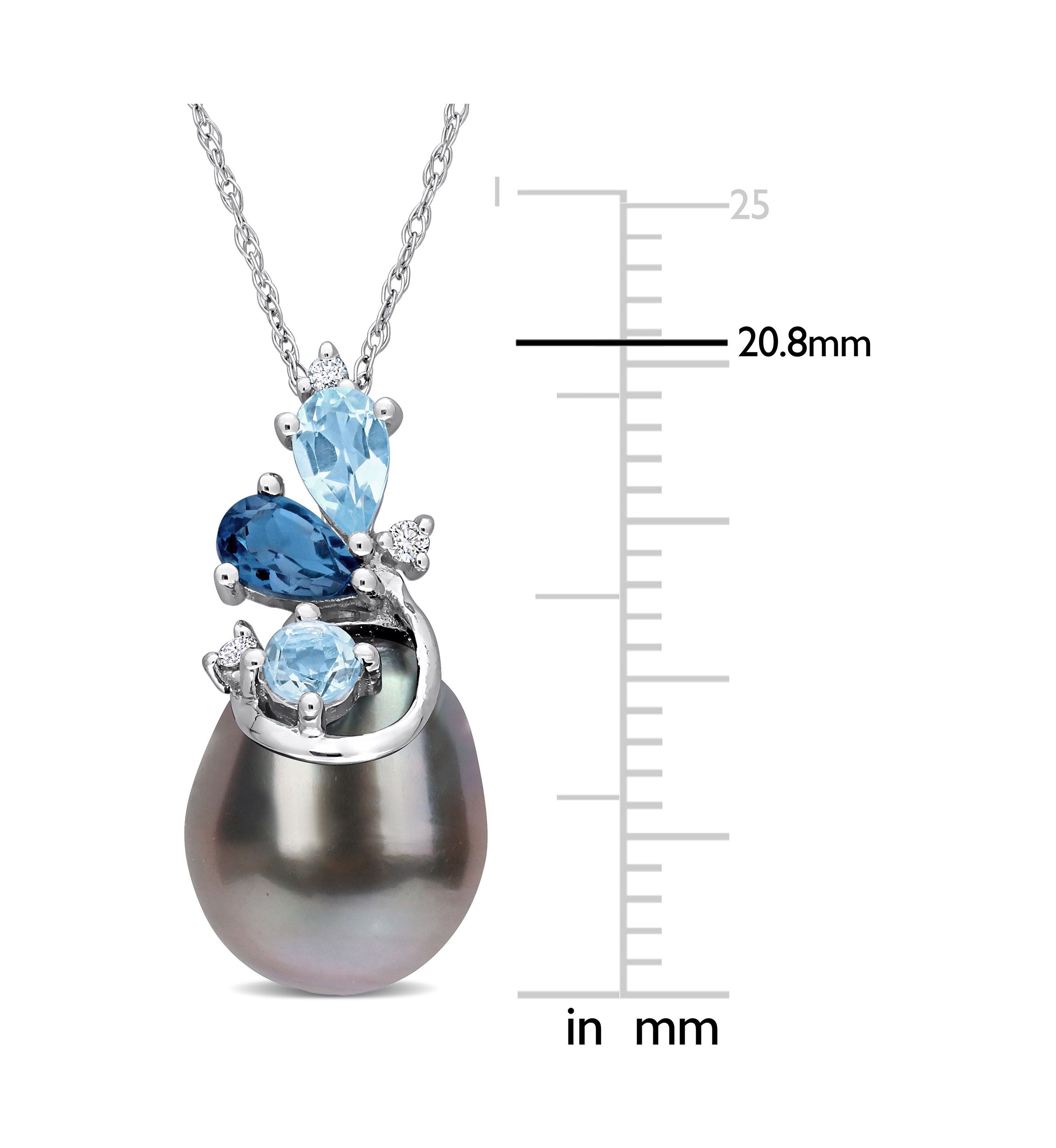9-10MM Tahitian Cultured Pearl Blue Topaz and Diamond Accent Cluster Necklace in 14k White Gold