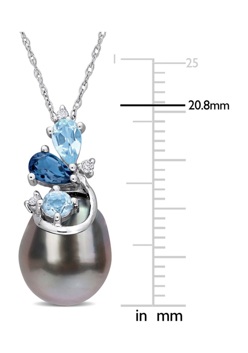 9-10MM Tahitian Cultured Pearl Blue Topaz and Diamond Accent Cluster Necklace in 14k White Gold