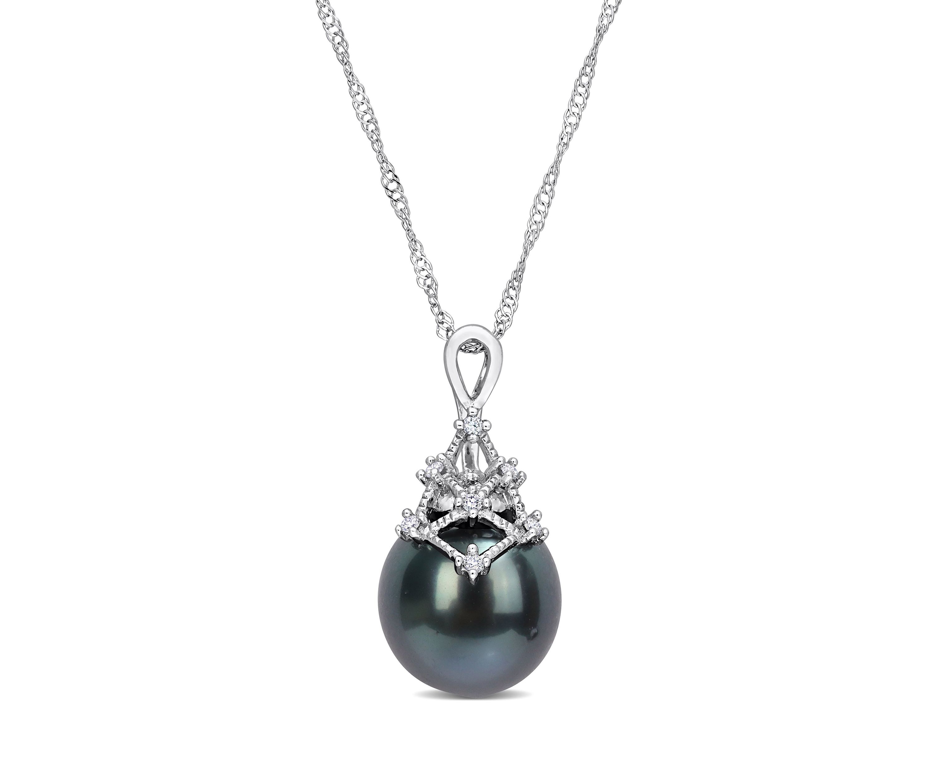9-10MM Tahitian Cultured Pearl and Diamond Accent Necklace in 14k White Gold