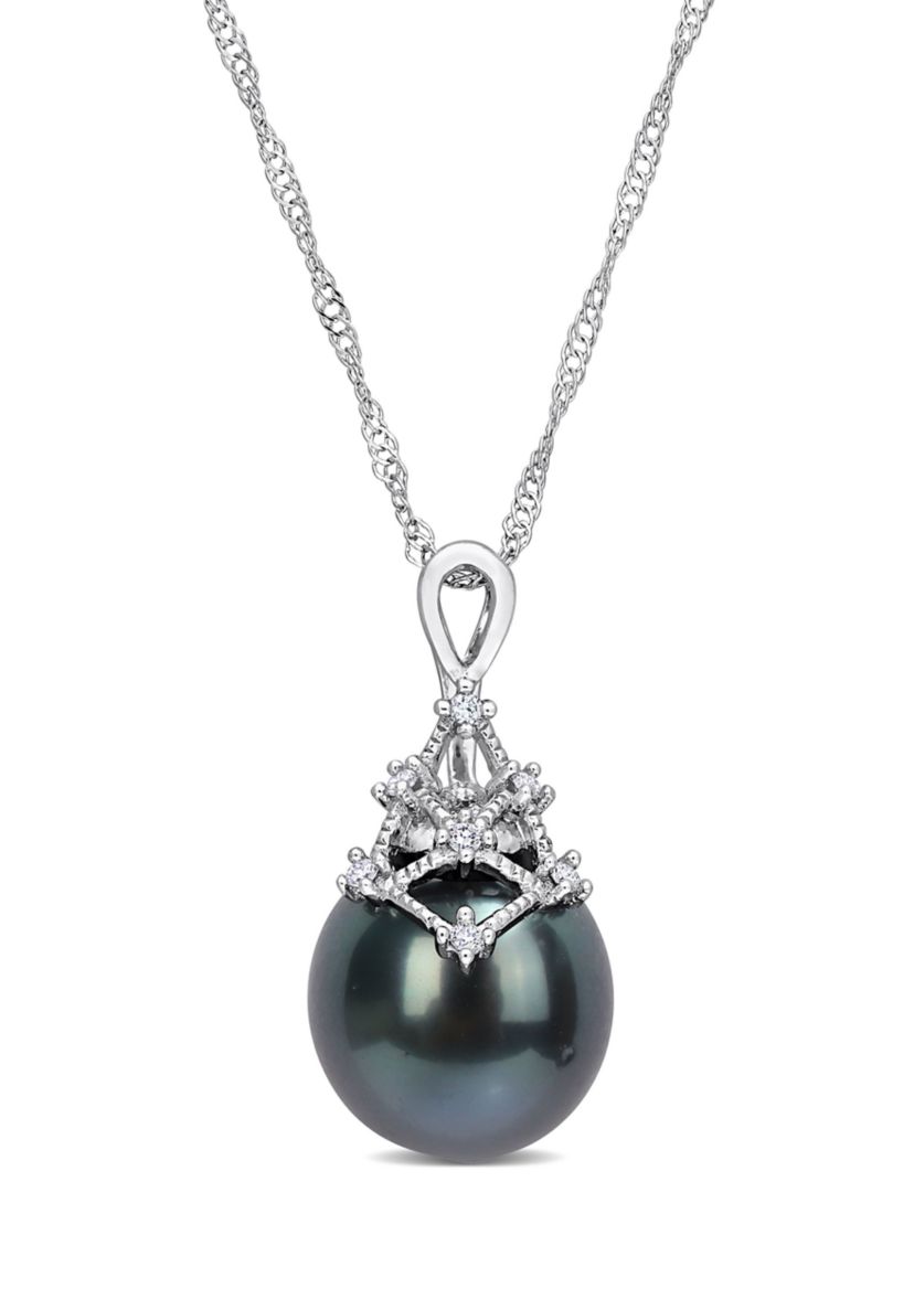 9-10MM Tahitian Cultured Pearl and Diamond Accent Necklace in 14k White Gold