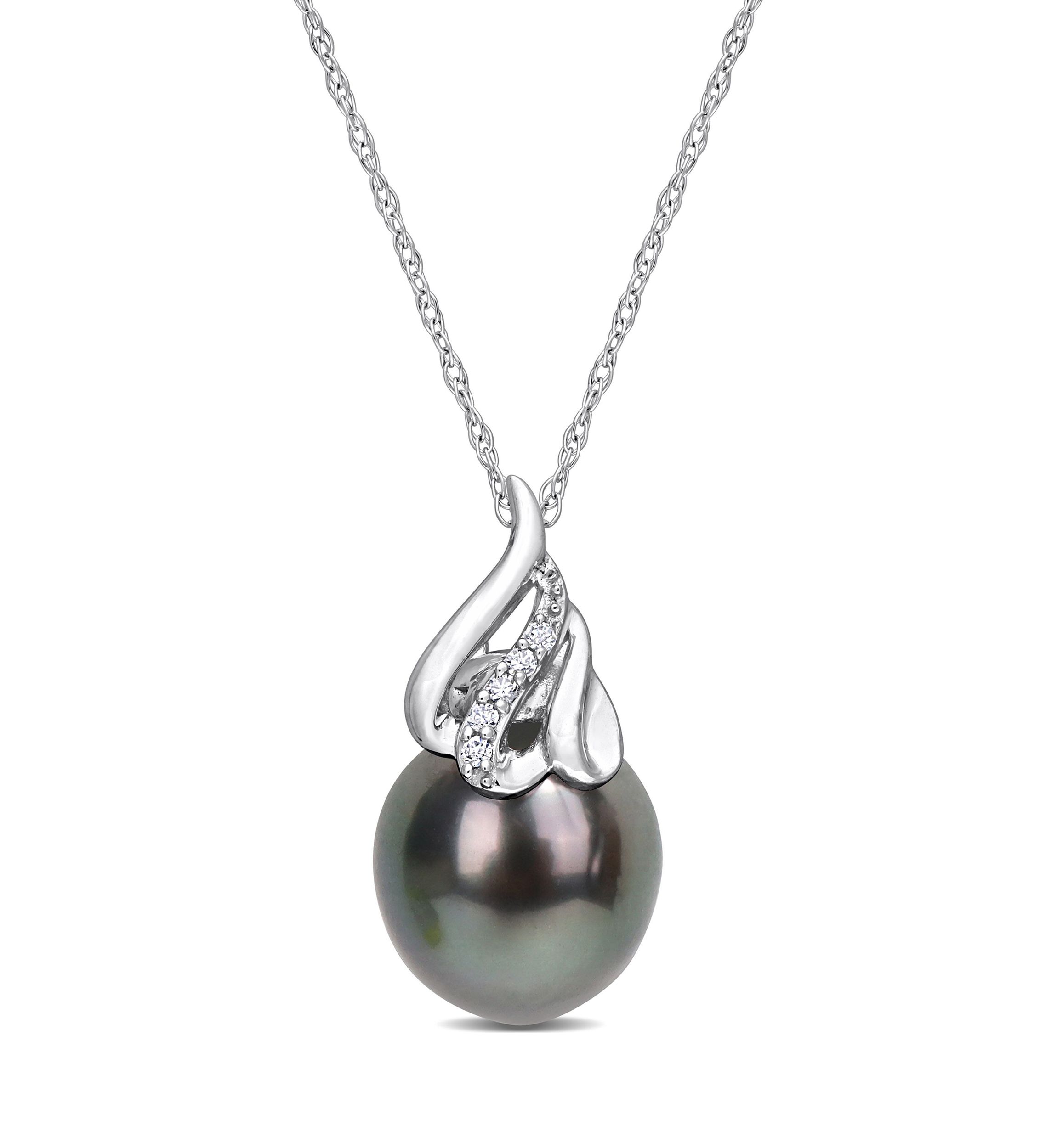 9-10MM Tahitian Cultured Pearl and Diamond Accent Swirl Necklace in 14k White Gold