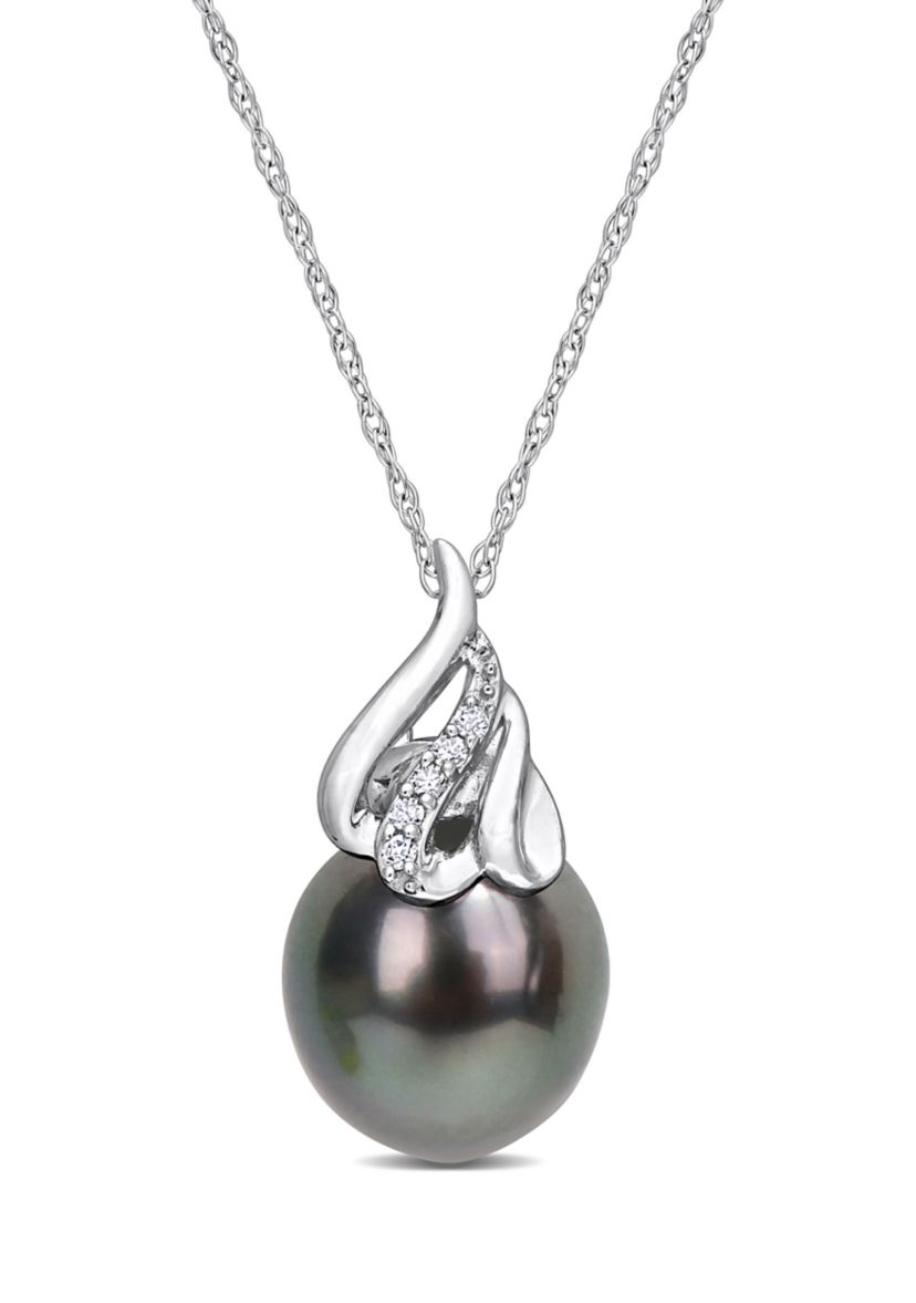 9-10MM Tahitian Cultured Pearl and Diamond Accent Swirl Necklace in 14k White Gold