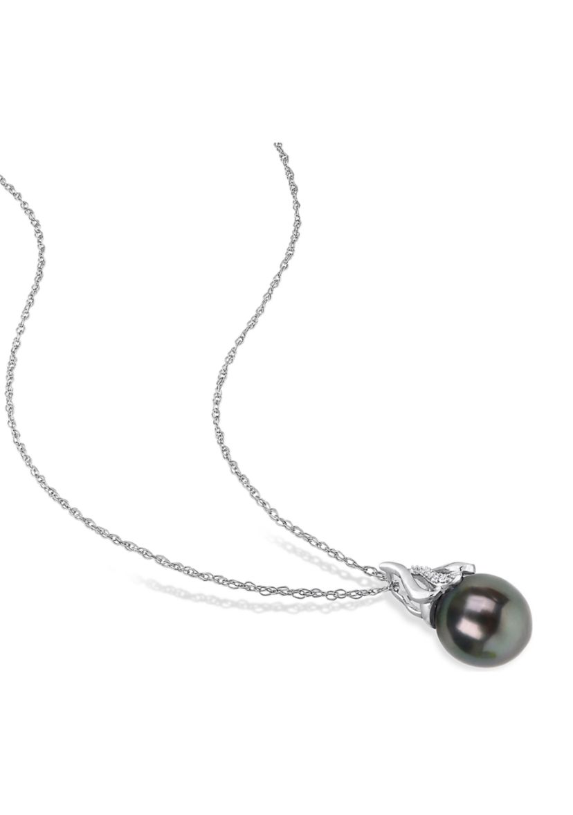 9-10MM Tahitian Cultured Pearl and Diamond Accent Swirl Necklace in 14k White Gold
