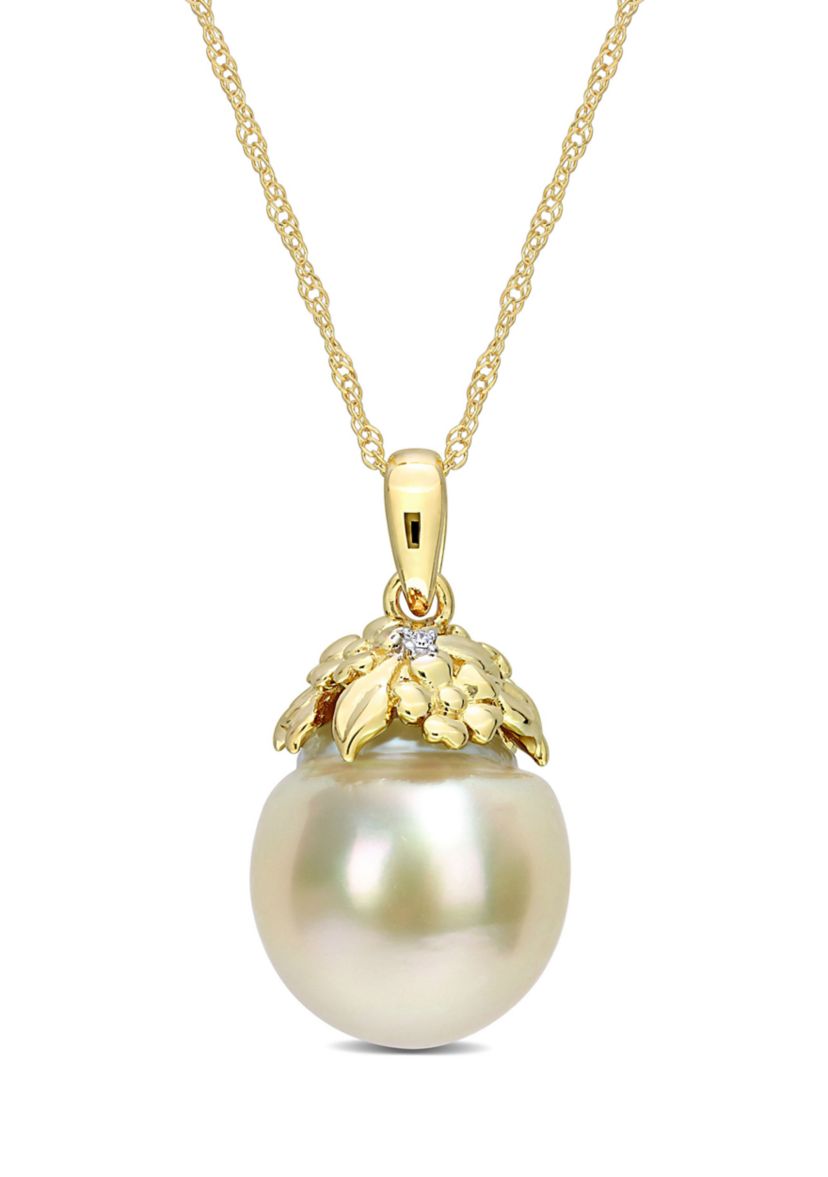 9-10MM South Sea Cultured Pearl and Diamond Accent Necklace in 14k Yellow Gold