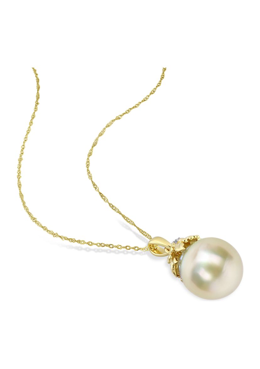 9-10MM South Sea Cultured Pearl and Diamond Accent Necklace in 14k Yellow Gold