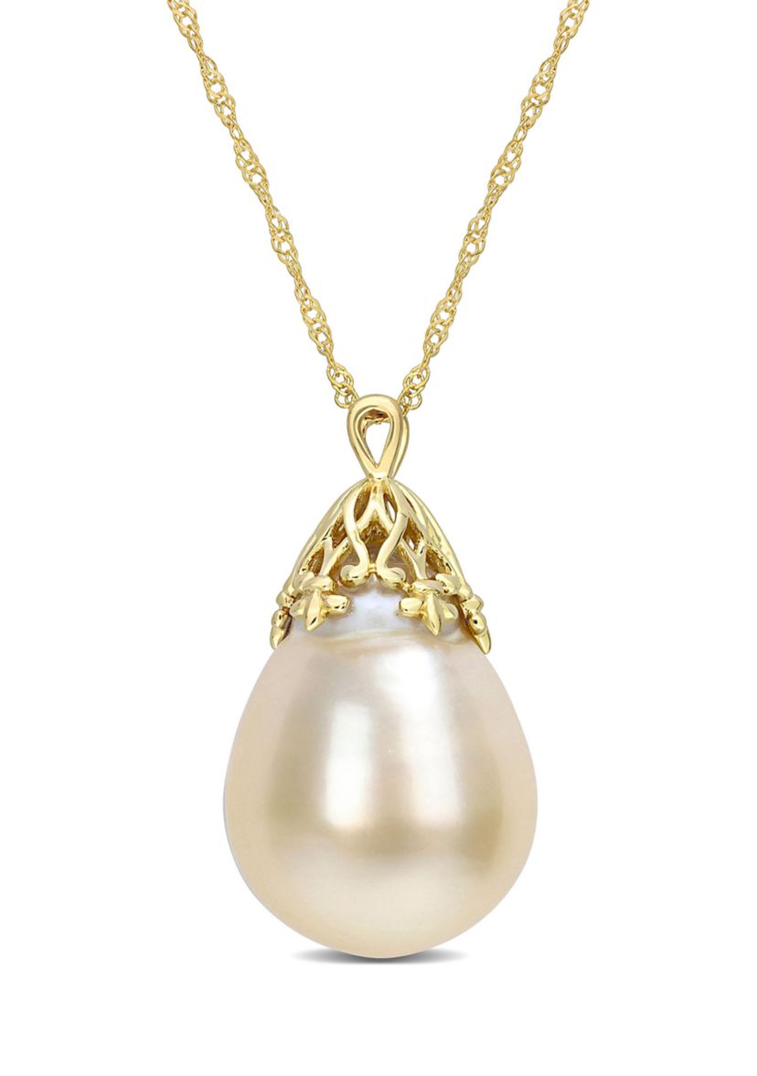 9-10MM South Sea Cultured Pearl Drop Necklace in 14k Yellow Gold