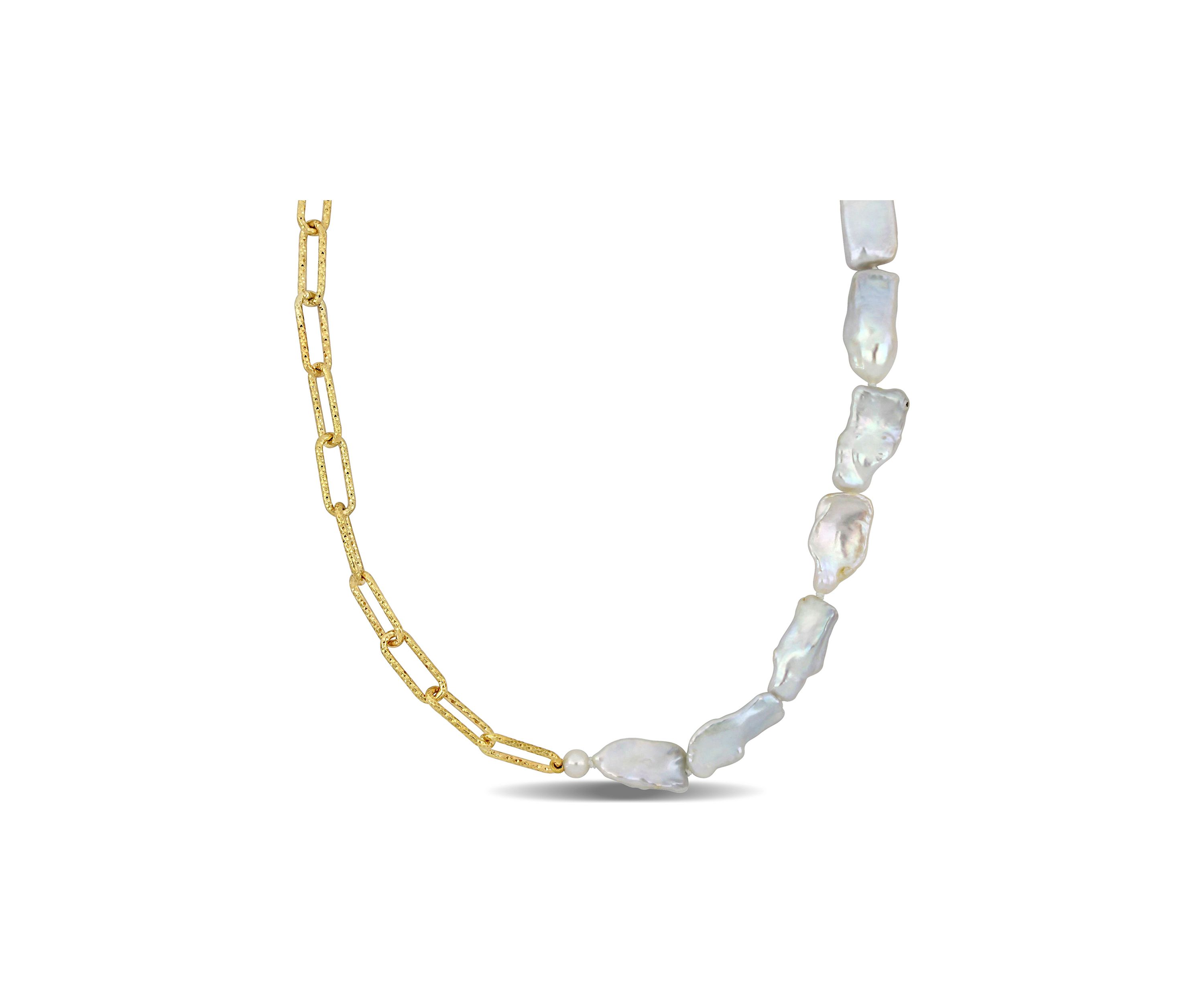 5-7MM Cultured Freshwater Keshi Pearl Link Chain Necklace in 18k Gold Plated Sterling Silver