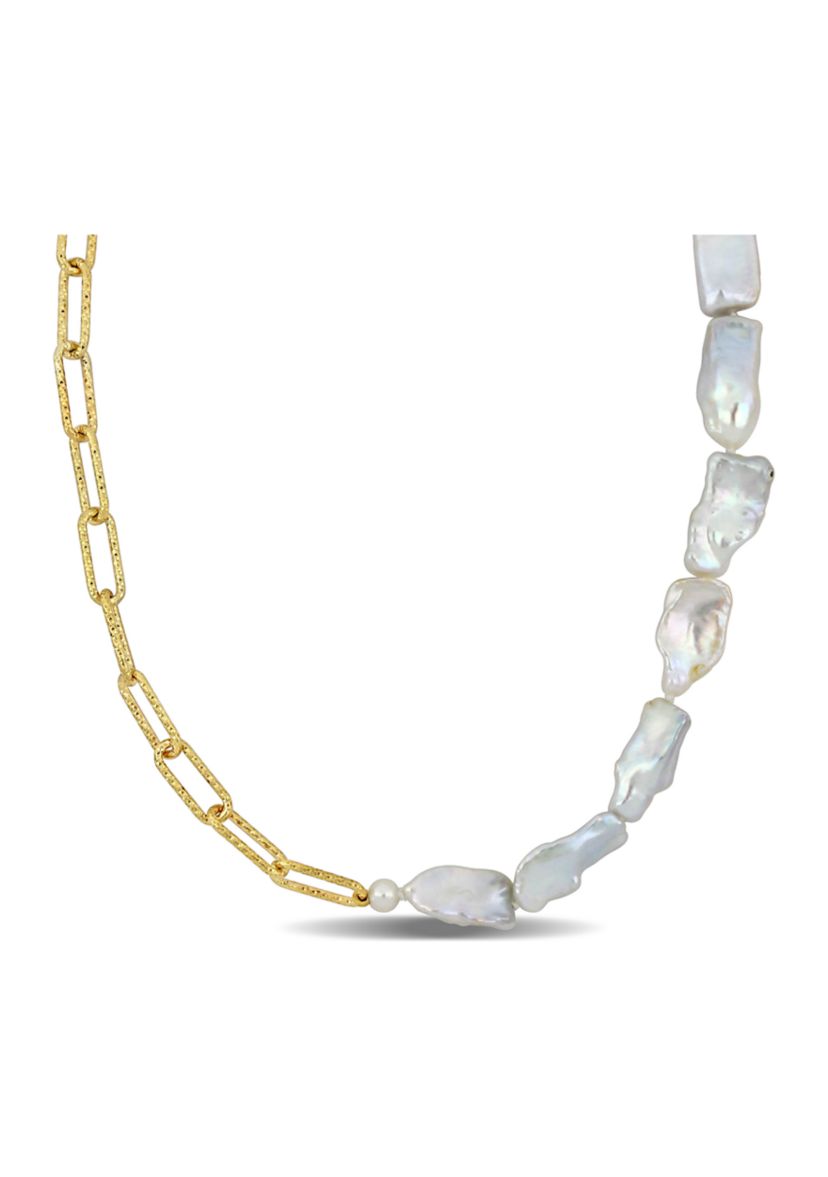5-7MM Cultured Freshwater Keshi Pearl Link Chain Necklace in 18k Gold Plated Sterling Silver