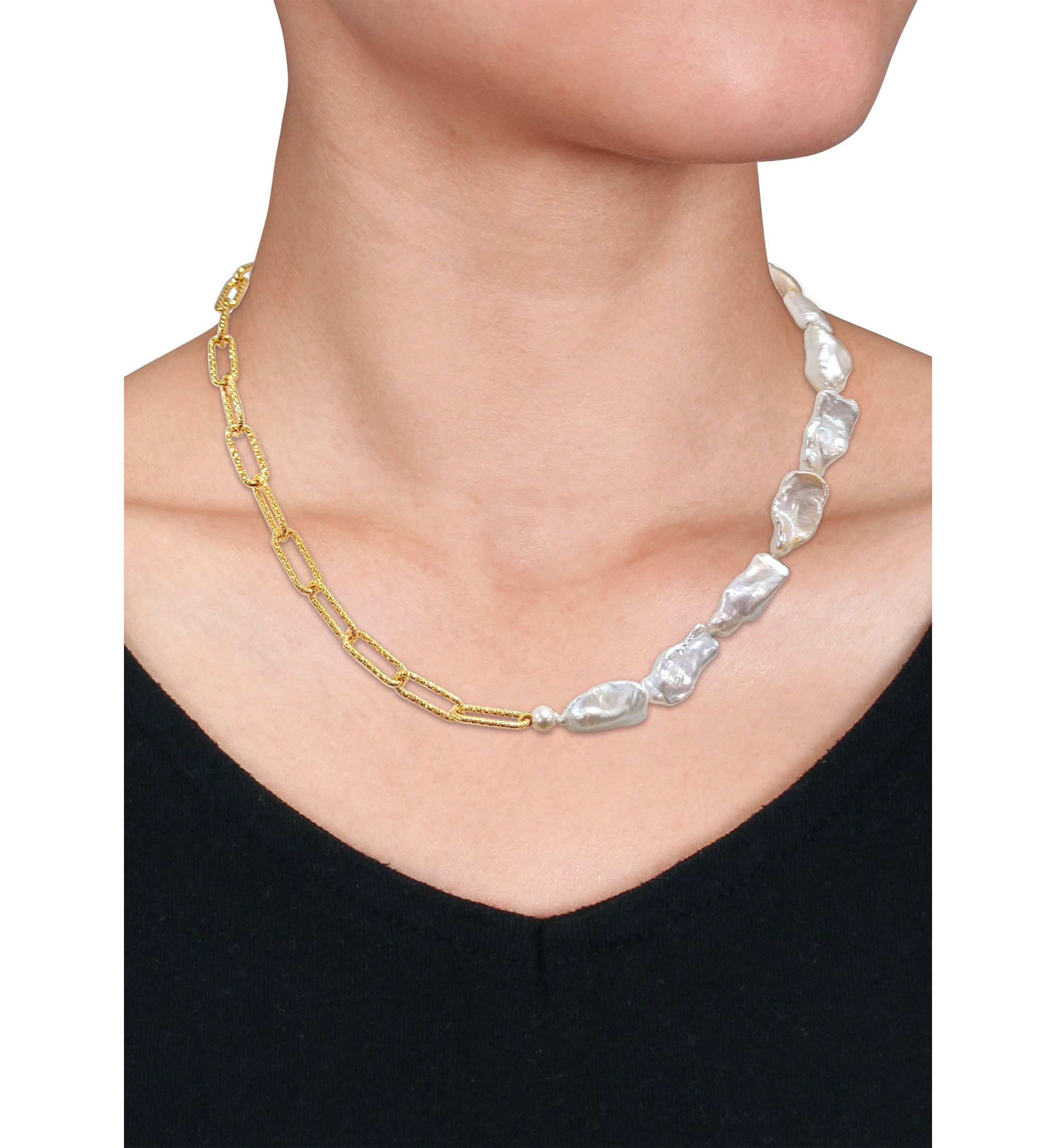 5-7MM Cultured Freshwater Keshi Pearl Link Chain Necklace in 18k Gold Plated Sterling Silver