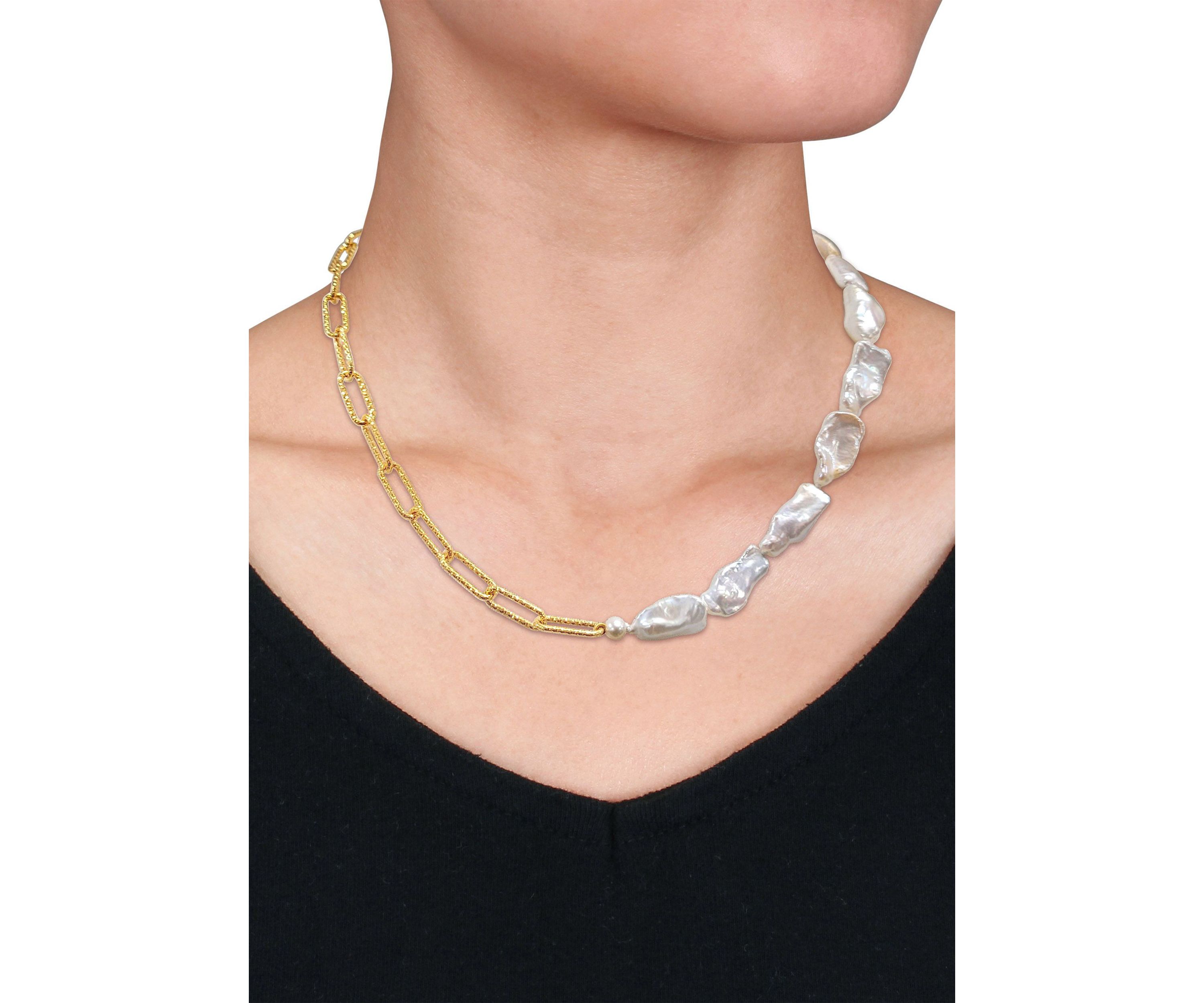 5-7MM Cultured Freshwater Keshi Pearl Link Chain Necklace in 18k Gold Plated Sterling Silver