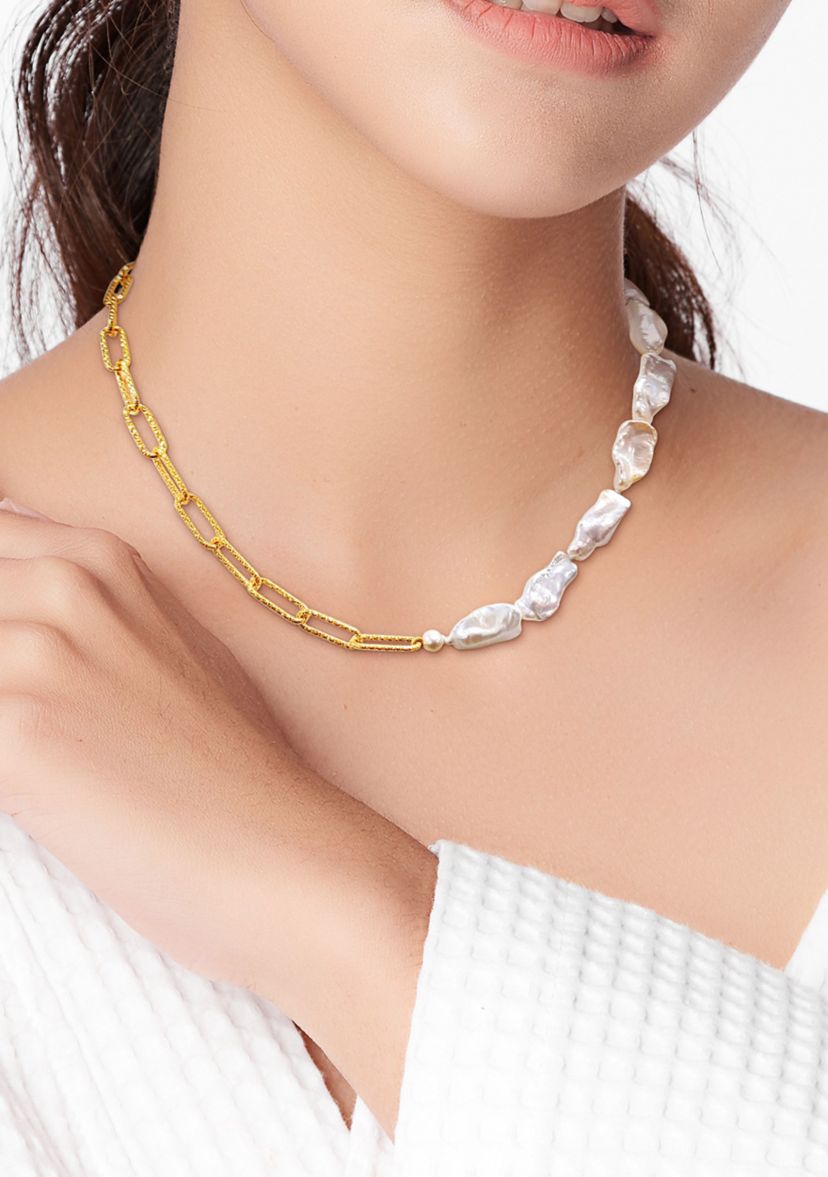 5-7MM Cultured Freshwater Keshi Pearl Link Chain Necklace in 18k Gold Plated Sterling Silver