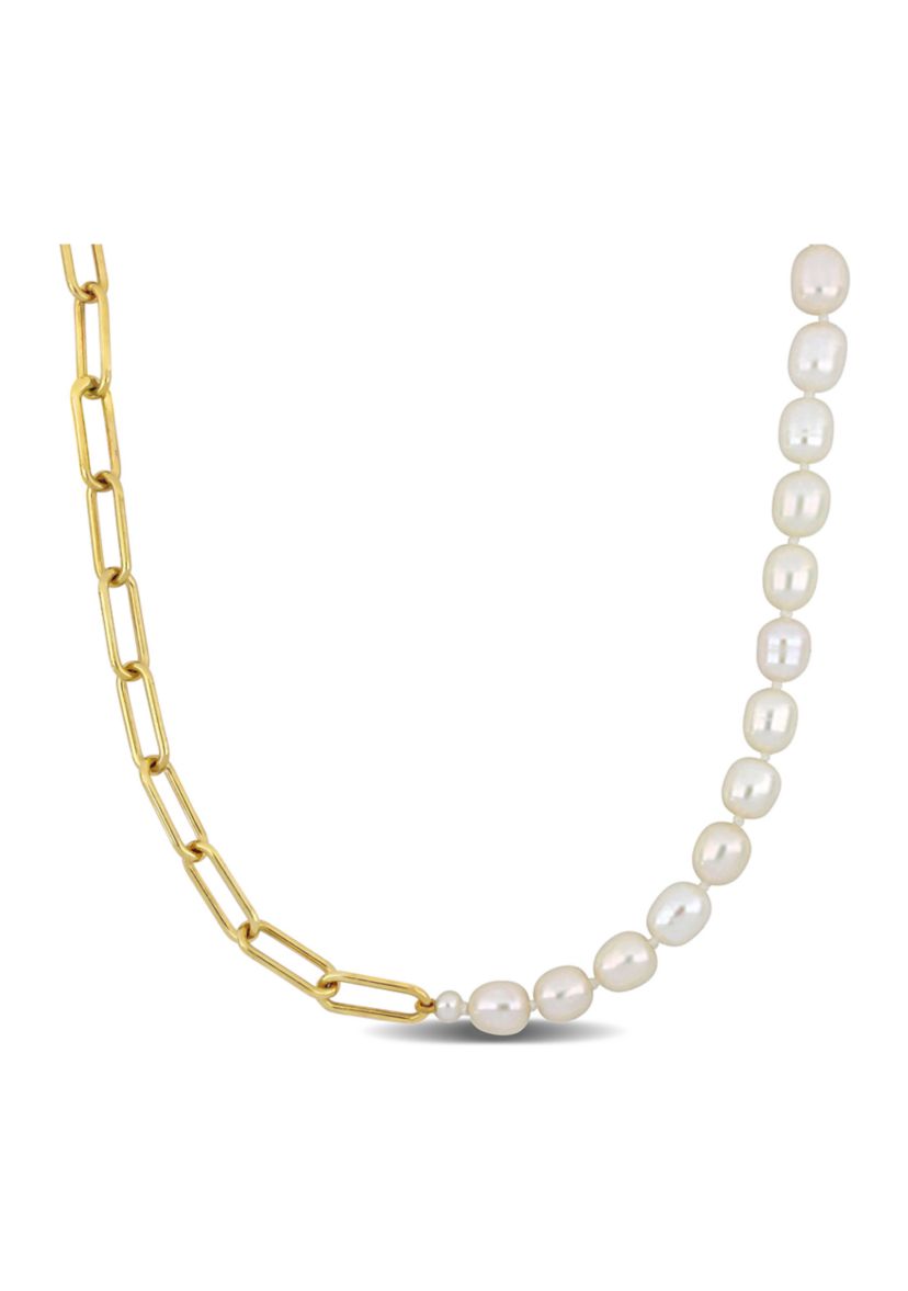 7-7.5MM Cultured Freshwater Oval Link Chain Necklace in 18k Gold Plated Sterling Silver