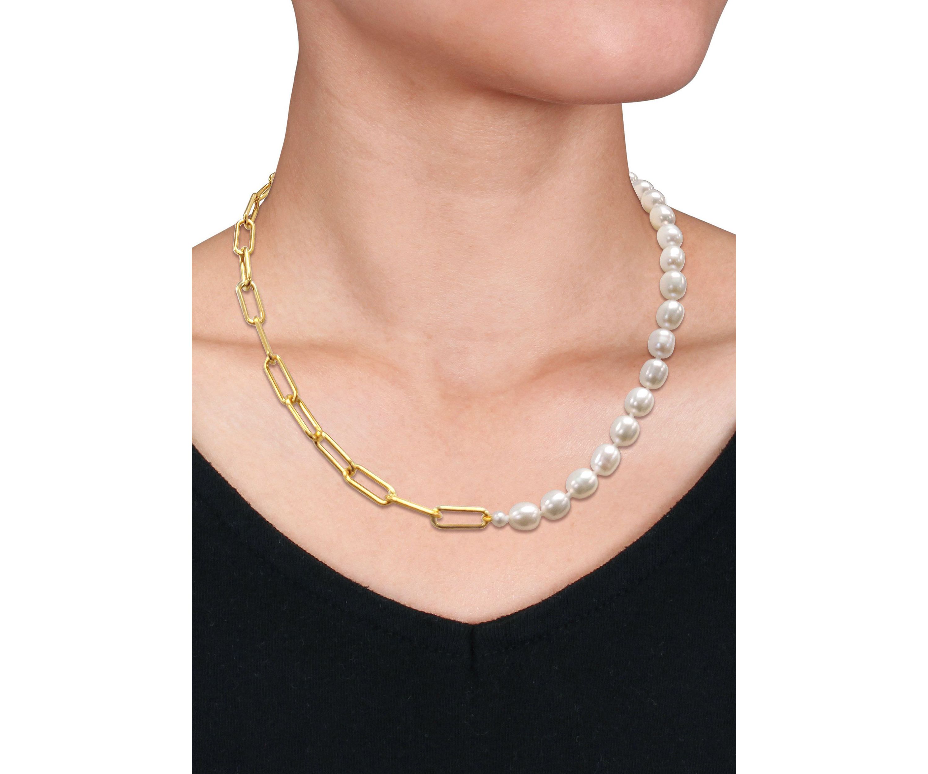 7-7.5MM Cultured Freshwater Oval Link Chain Necklace in 18k Gold Plated Sterling Silver