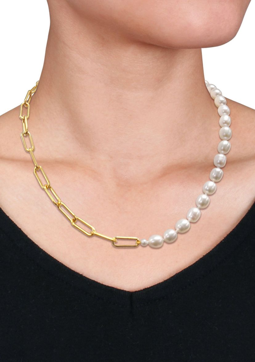 7-7.5MM Cultured Freshwater Oval Link Chain Necklace in 18k Gold Plated Sterling Silver
