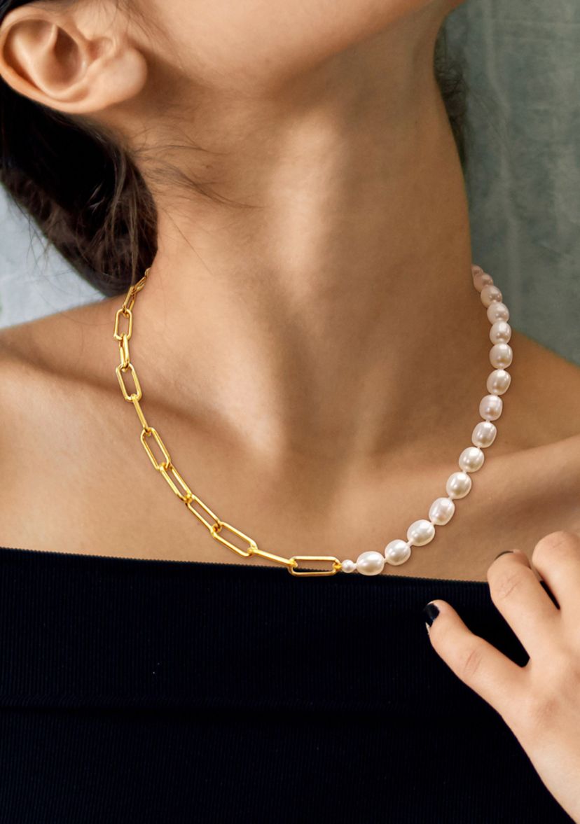 7-7.5MM Cultured Freshwater Oval Link Chain Necklace in 18k Gold Plated Sterling Silver