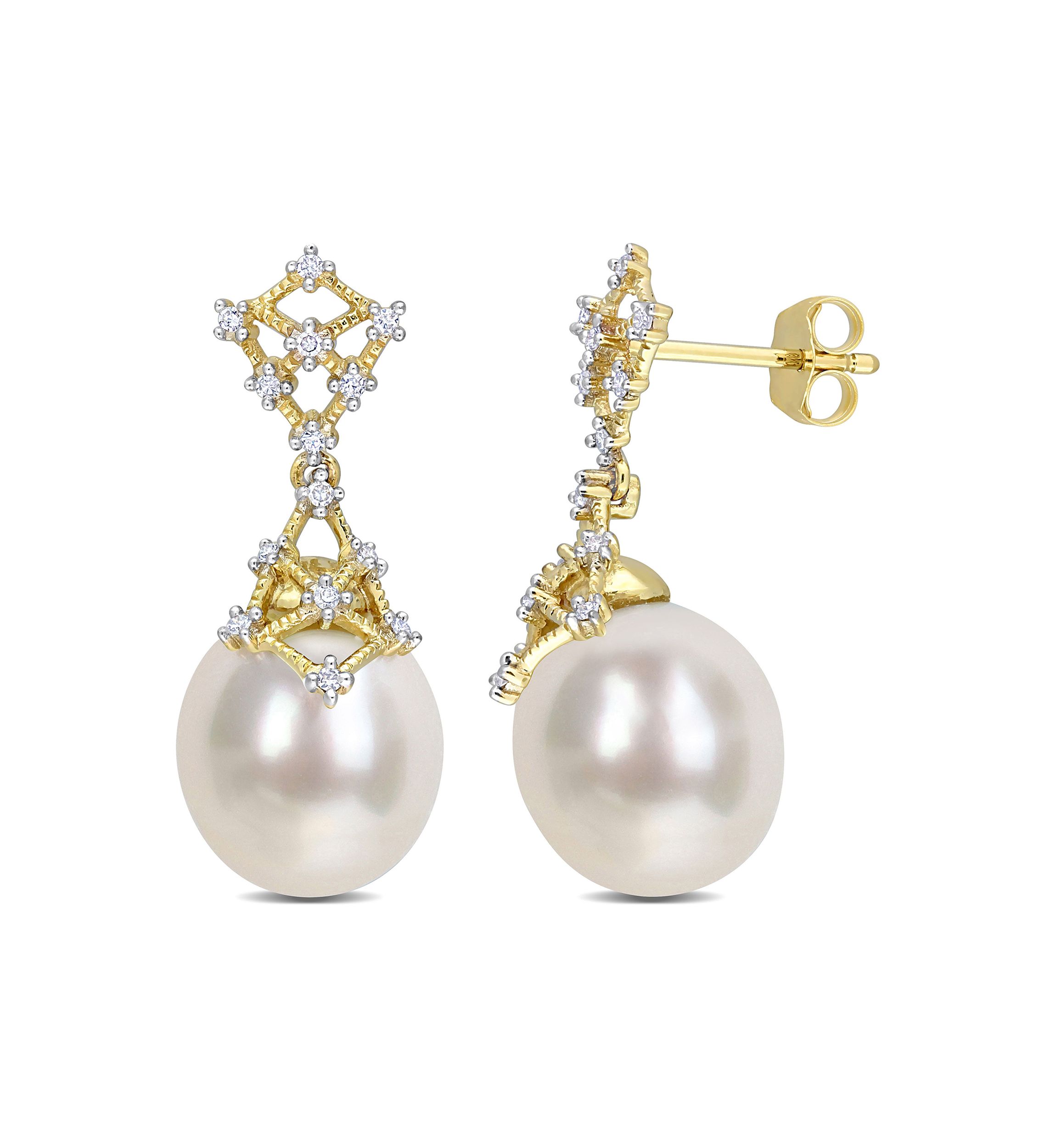 9-10MM South Sea Cultured Pearl and 1/7 CT TW Diamond Filigree Drop Earrings in 14k Yellow Gold